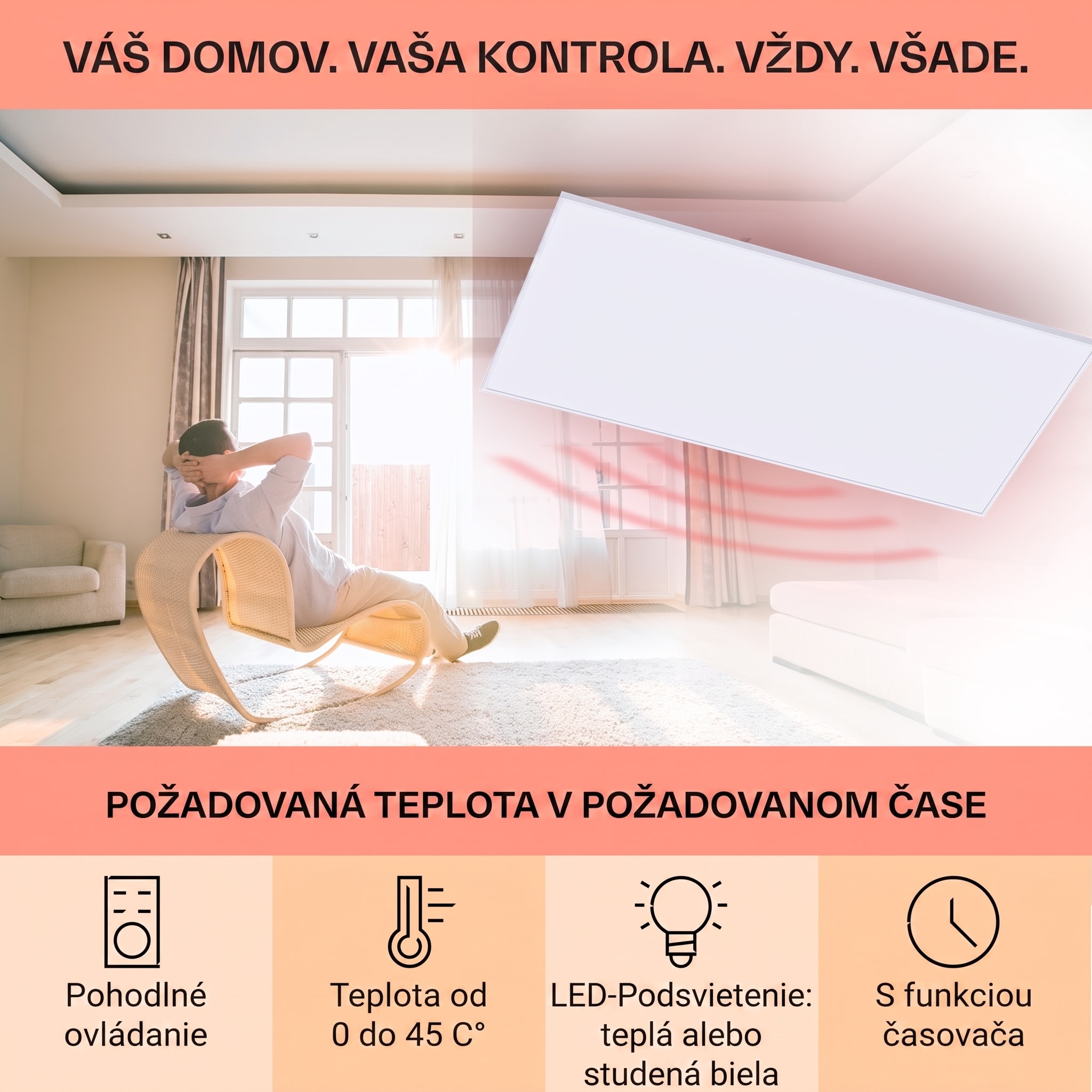 Klarstein Wondersky, infračervený stropný ohrievač, 120 x 60 x 6,5 cm (Š x V x H), 700 W, IP44 – Obrázok 2