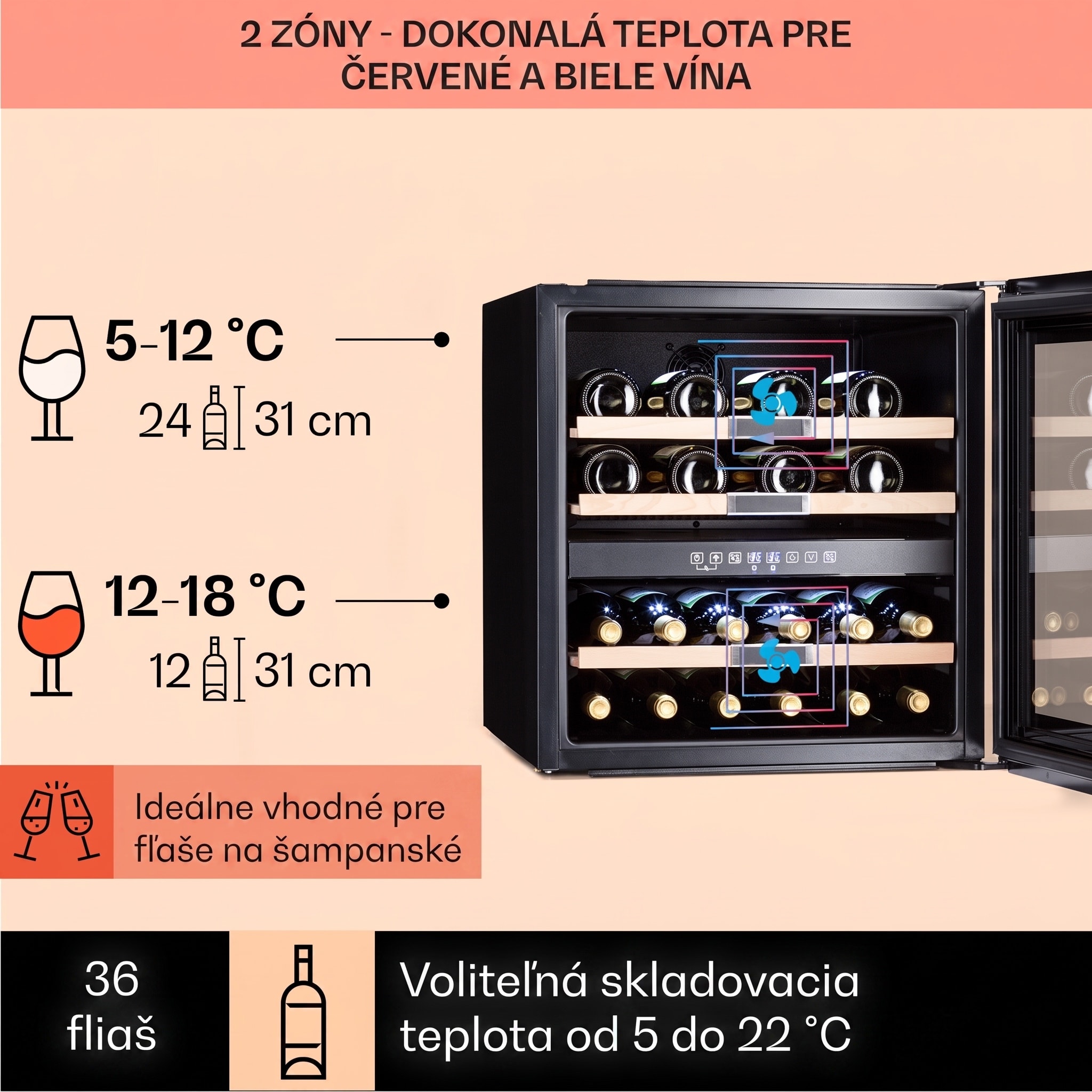 Klarstein Vinsider 36 Onyx Edition, vinotéka, 85 l, 5-22°C, 2 zóny – Obrázok 2