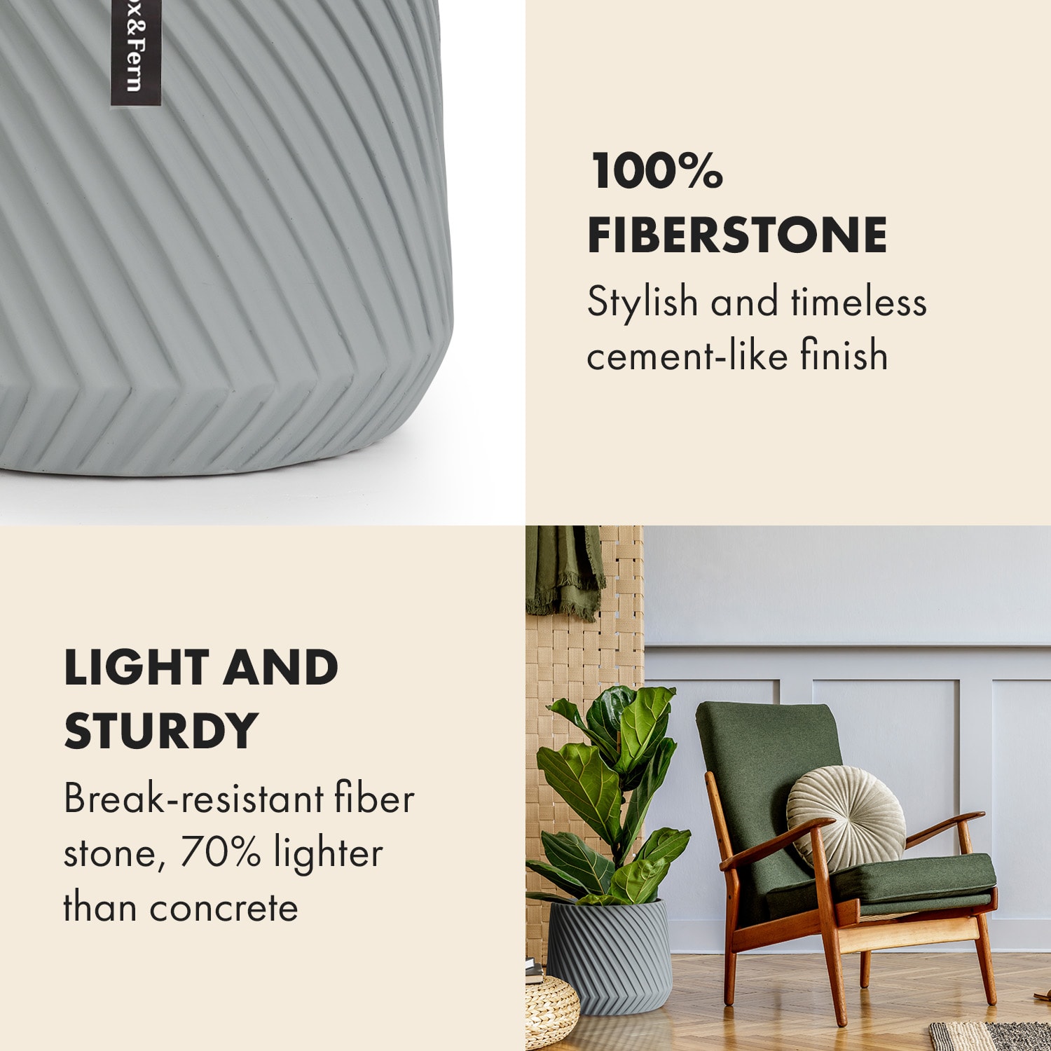 Fox & Fern Heusden, kvetináč, Polystone, vhodný pre rastliny, ručná výroba – Obrázok 2