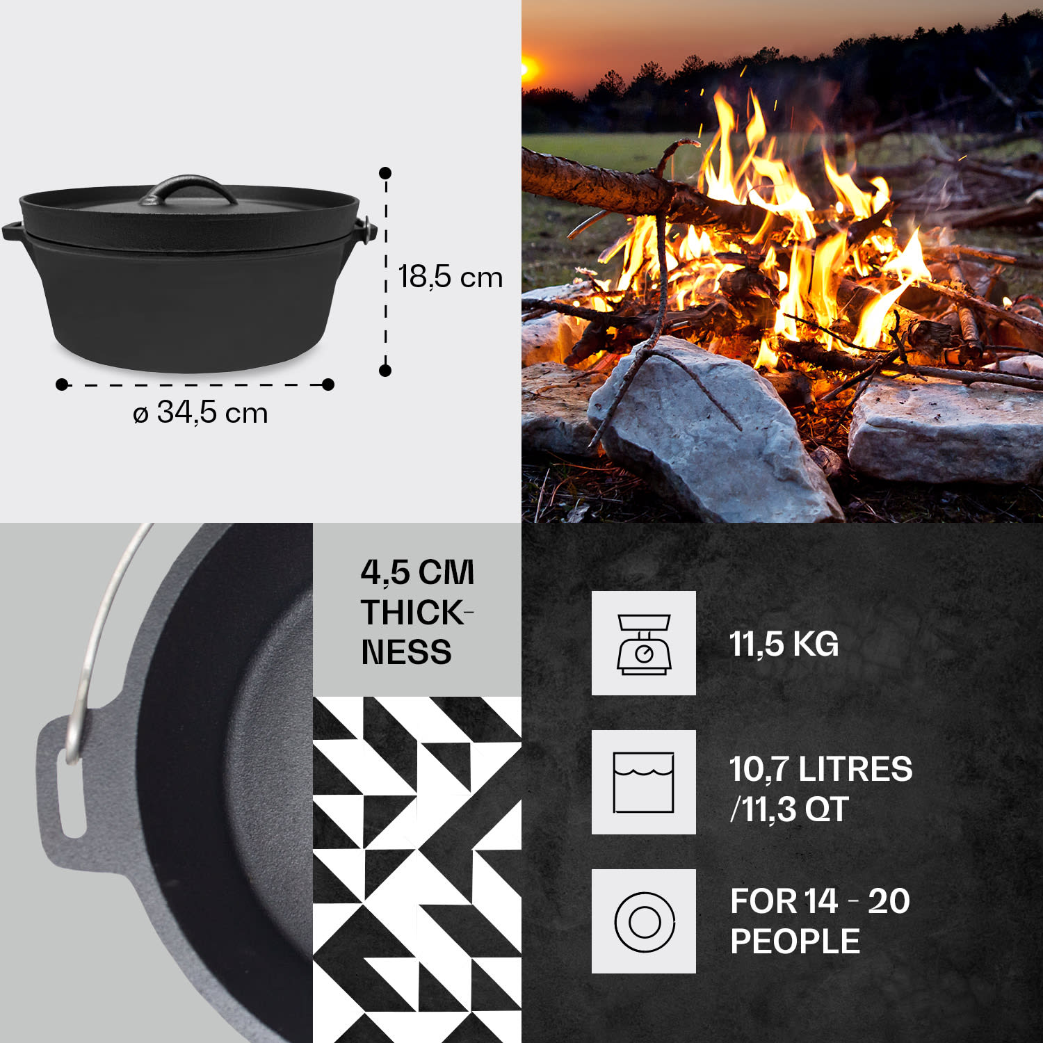 Klarstein Galloway, liatinový hrniec, 11.3 barbecue hrniec, liatina, žíhaný, veľkosť XL/10,7 l – Obrázok 3