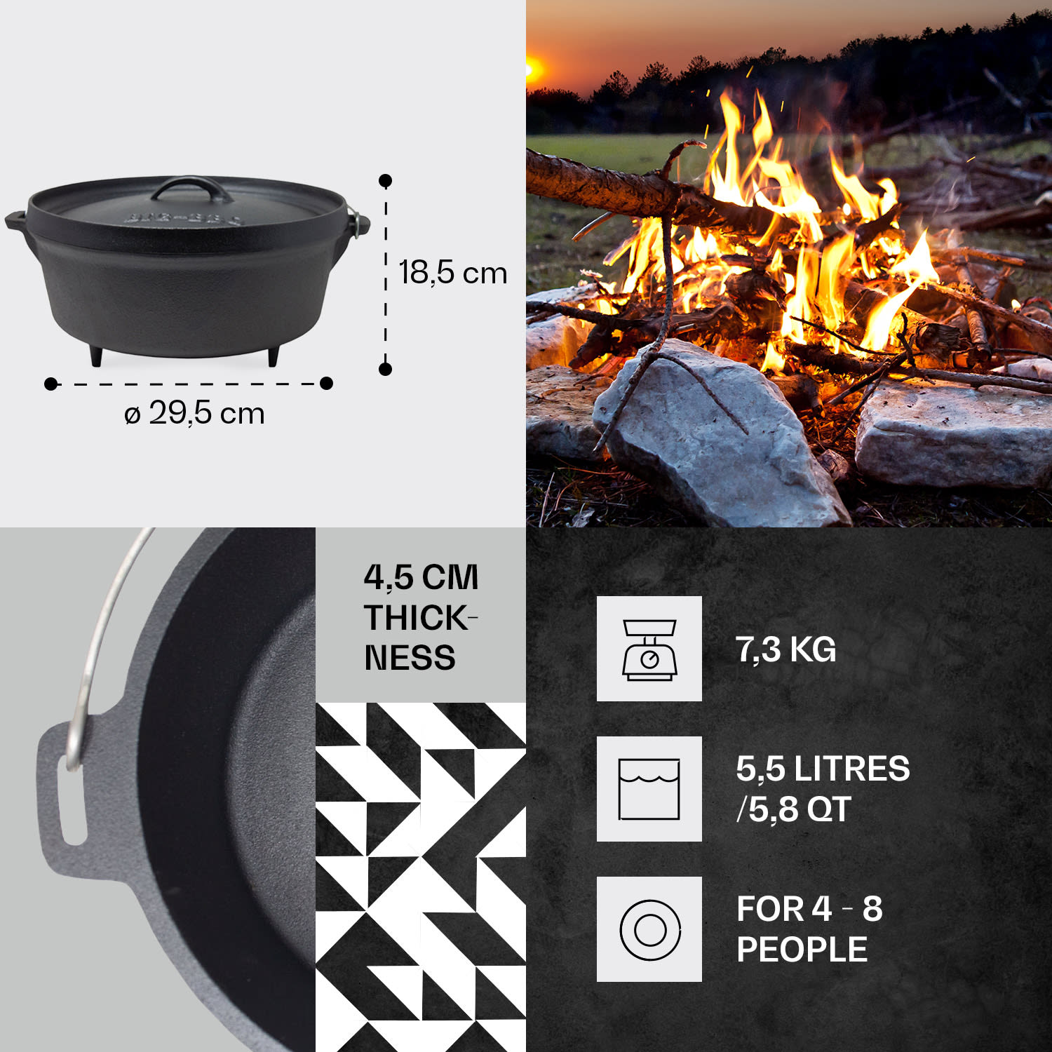 Klarstein Galloway, liatinový hrniec, 5.8 barbecue hrniec, liatina, nožičky, veľkosť M/5,5 l – Obrázok 3