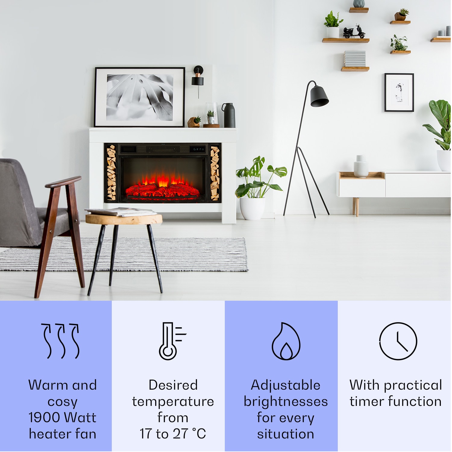 Klarstein Studio Loft 2 elektrický krb 1900 W LED technológia diaľkové ovládanie – Obrázok 2