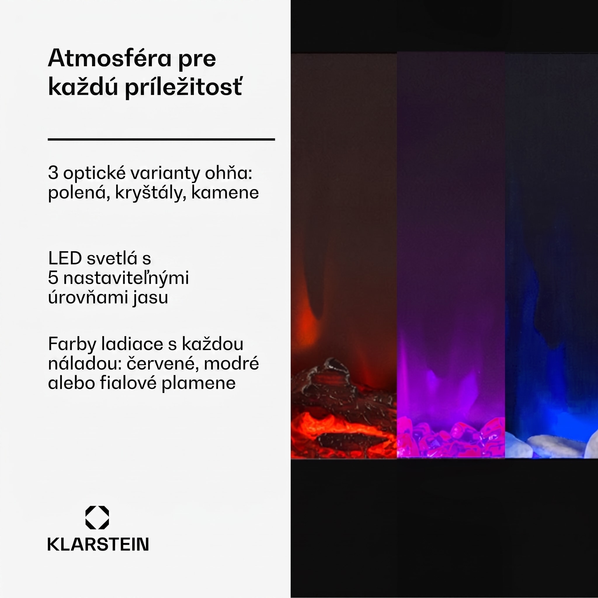Klarstein Galeras elektrický nástenný a zabudovateľný krb 1800 W LED 3 farby časovač – Obrázok 3