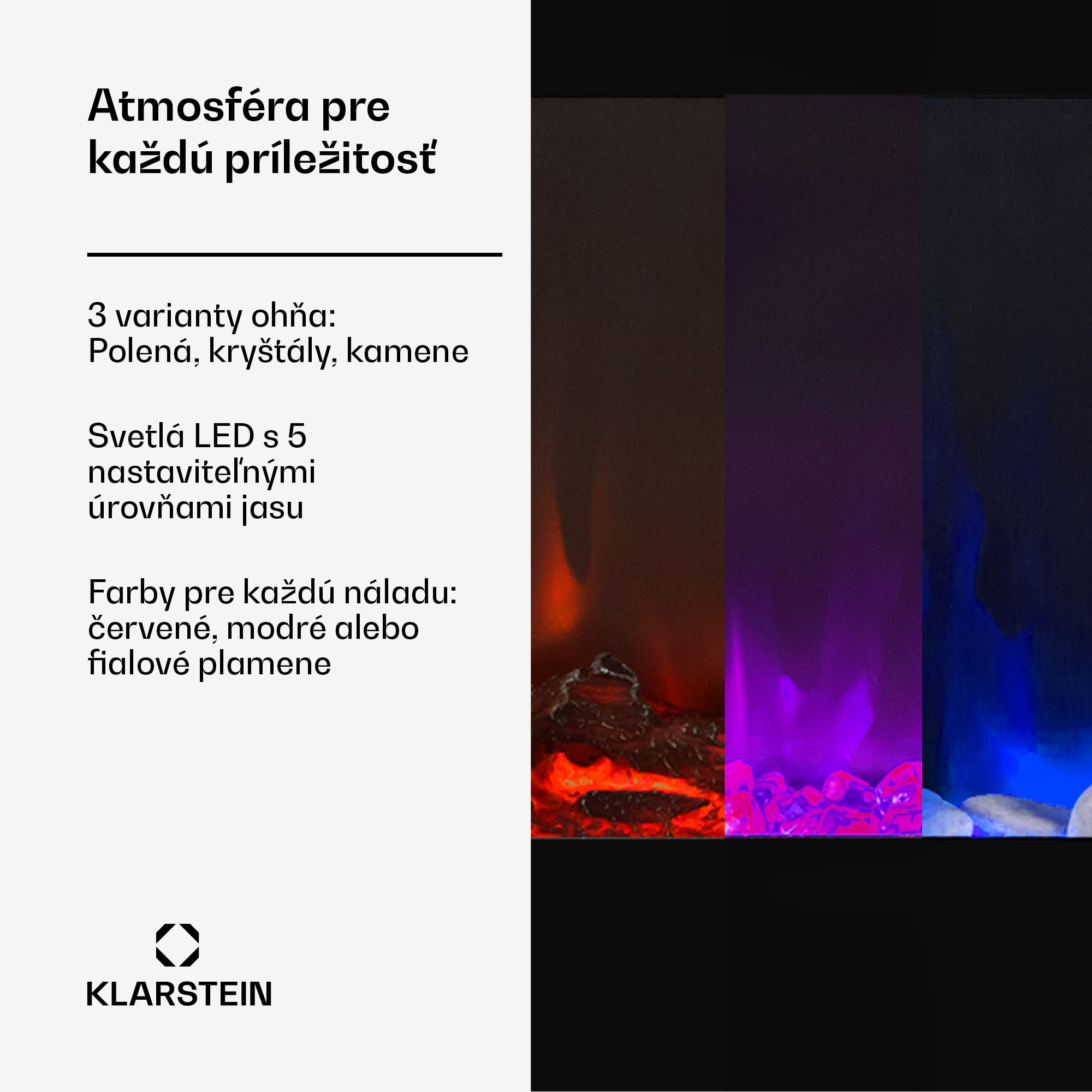 Klarstein Galeras, elektrický nástenný a vstavaný krb, 1800 W, LED, 3 farby, časovač – Obrázok 3