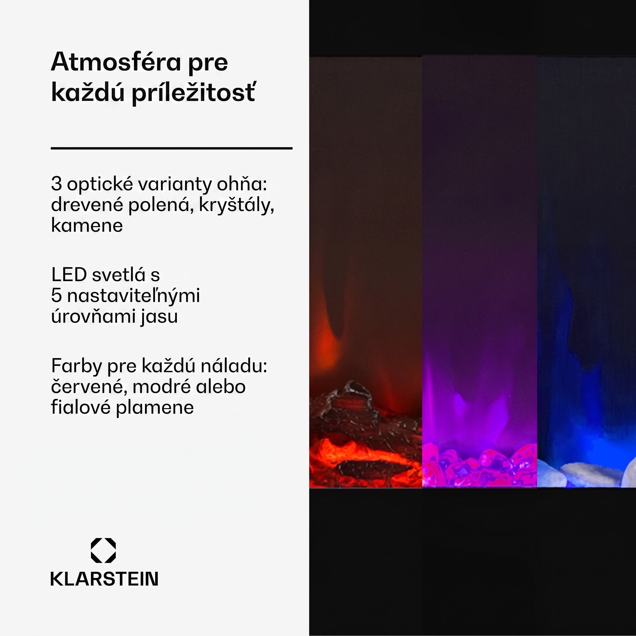 Klarstein Galeras, elektrický nástenný a vstavaný krb, 1800 W, LED, 3 farby, časovač – Obrázok 3