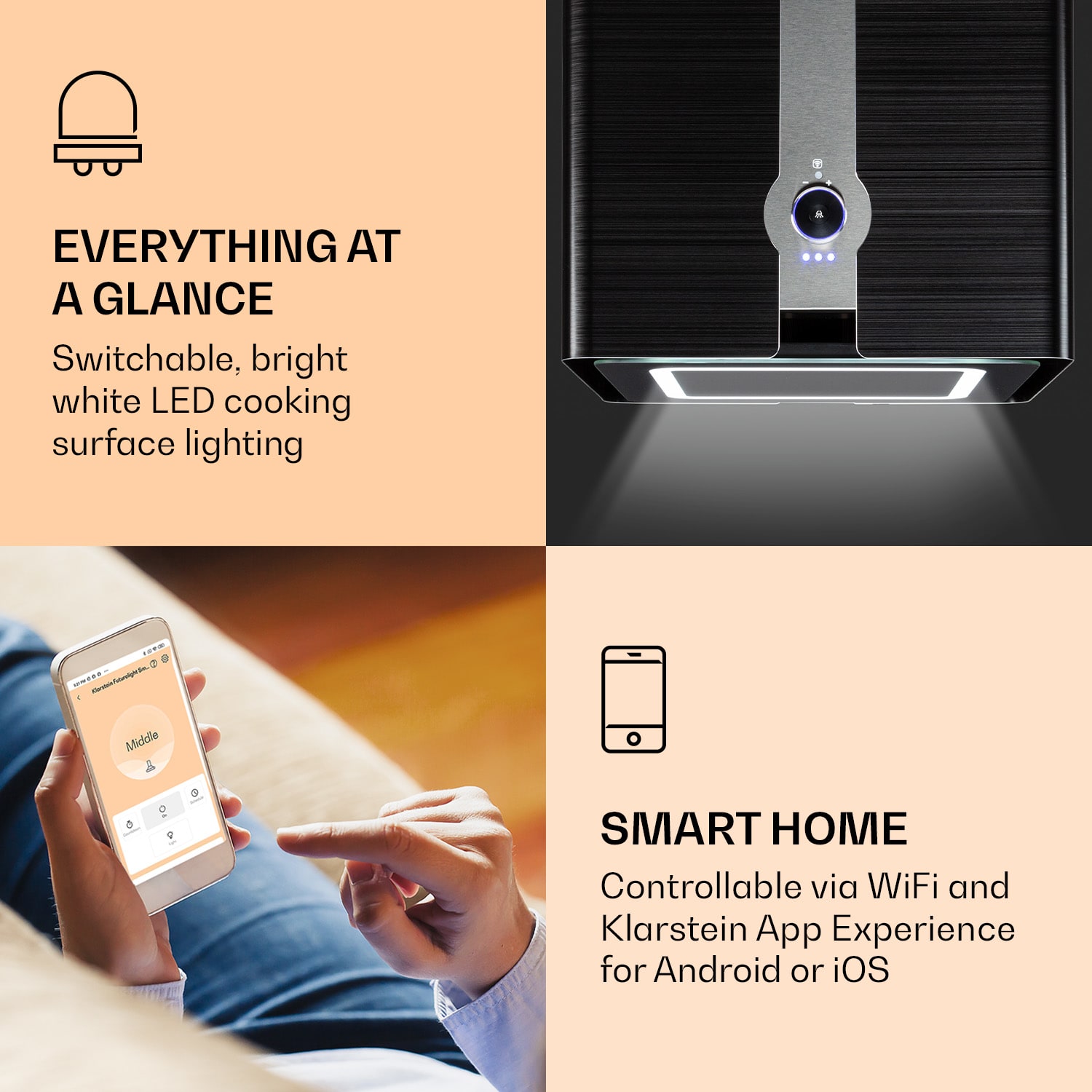 Klarstein Futurelight Smart, digestor, 42 cm, ostrovčekový, 413 m³/h, LED, nehrdzavejúca oceľ, čierny – Obrázok 2