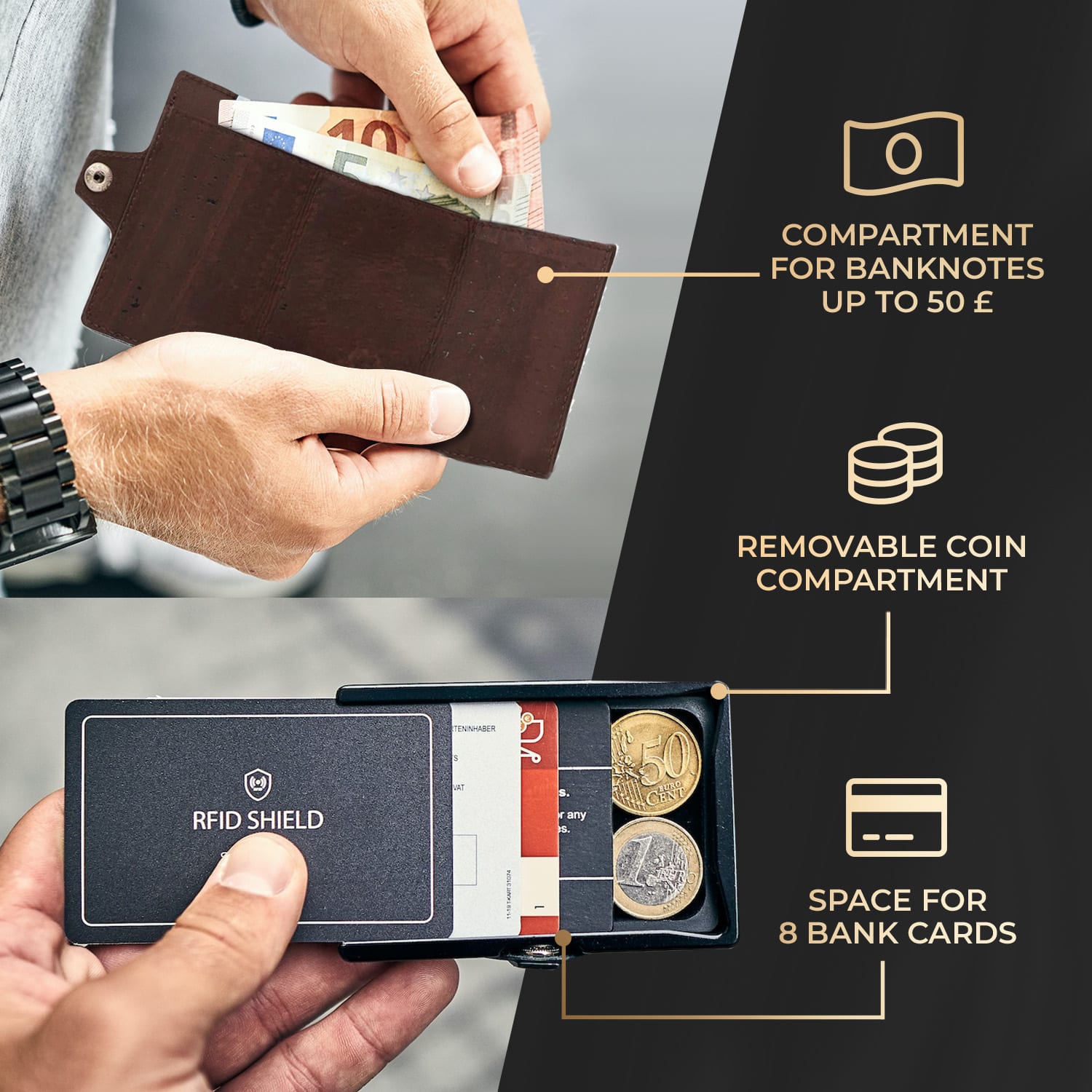Slimpuro ZNAP, tenká peňaženka, 8 kariet, priečinok mince, 8,9 × 1,5 × 6,3 cm (Š × V × H), RFID ochrana