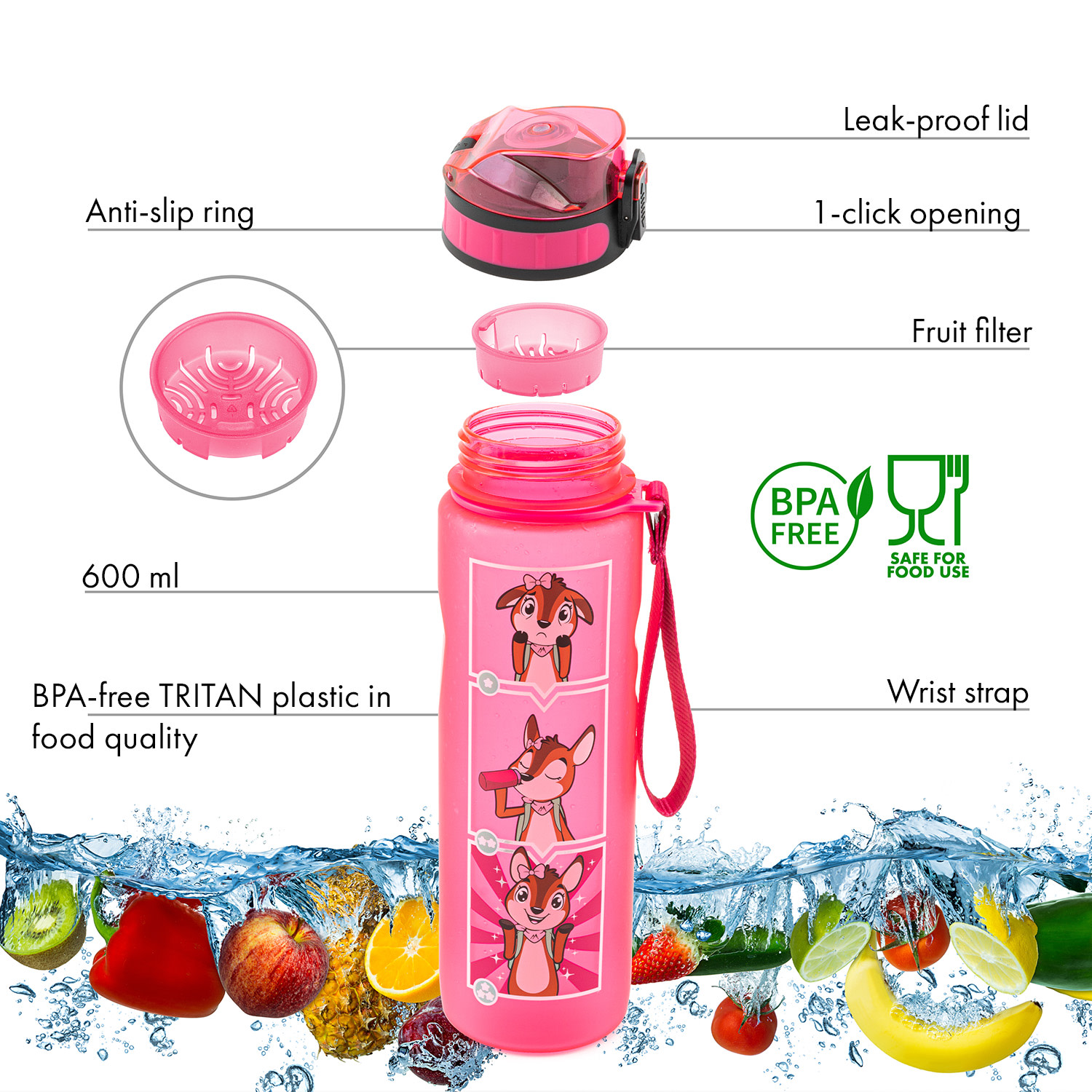 Monte Stivo Lyseren, detská fľaša na pitie, 600 ml, mierka, nepriepustný filter na ovocie – Obrázok 2