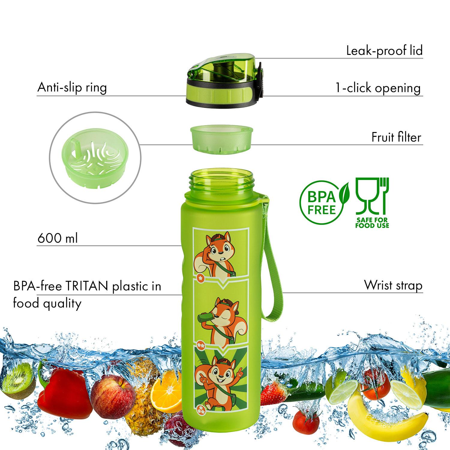 Monte Stivo Lyseren, detská fľaša na pitie, 600 ml, mierka, nepriepustný filter na ovocie – Obrázok 2
