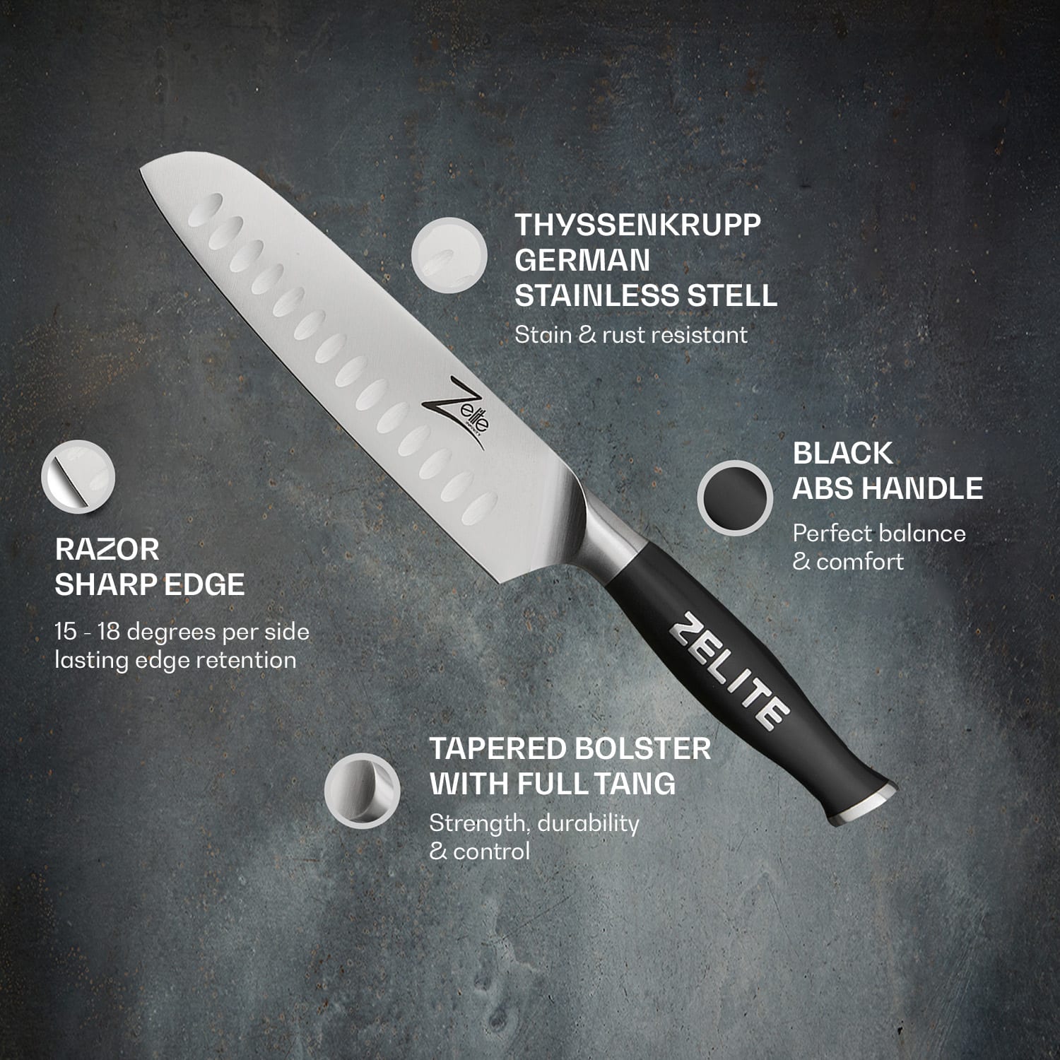 Zelite Infinity by Klarstein Comfort Pro, 7" nôž santoku, 56 HRC, nehrdzavejúca oceľ