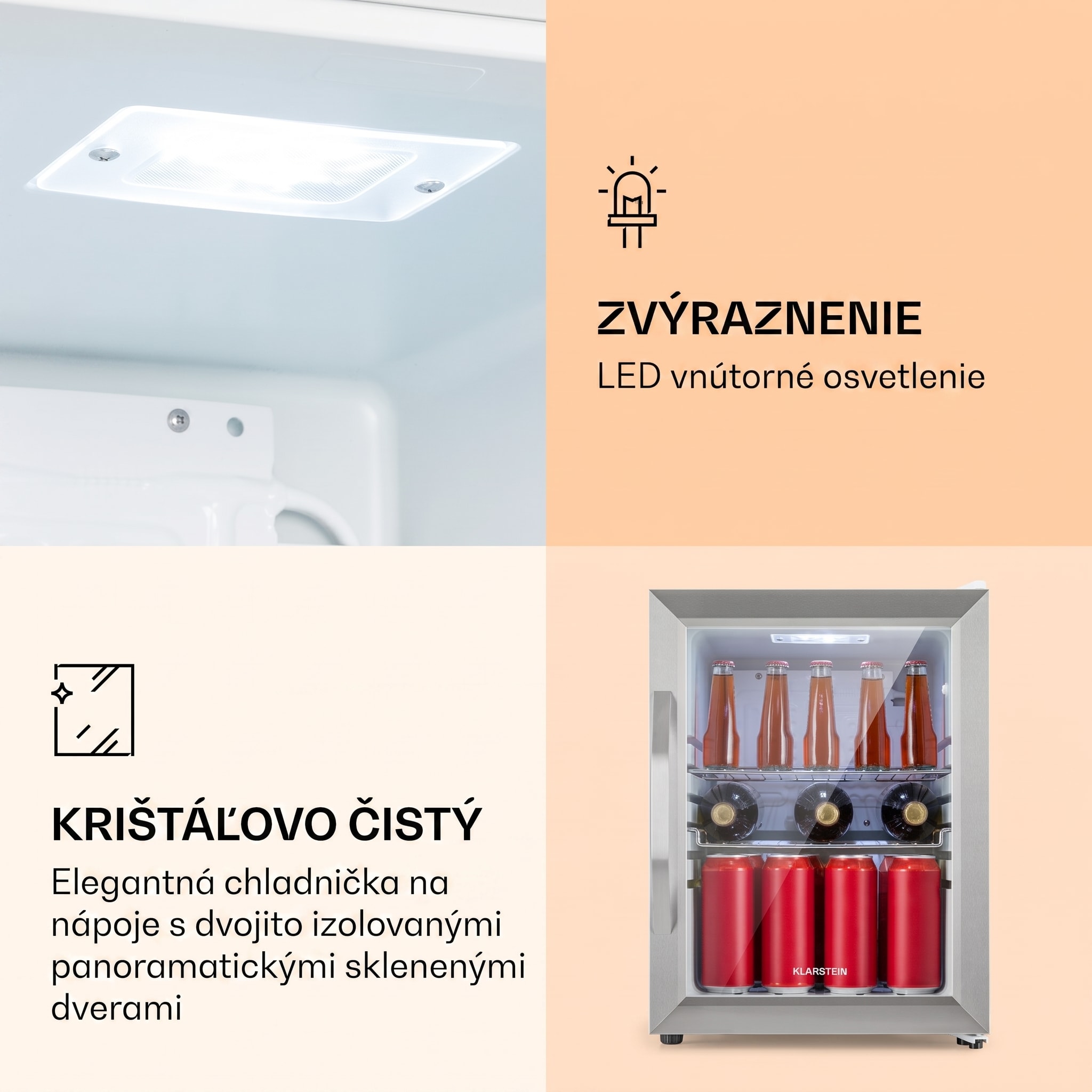 Klarstein Beersafe M Crystal White, chladnička, 33 l, 2 police, panoramatické sklenené dvierka, nehrdzavejúca oceľ – Obrázok 3
