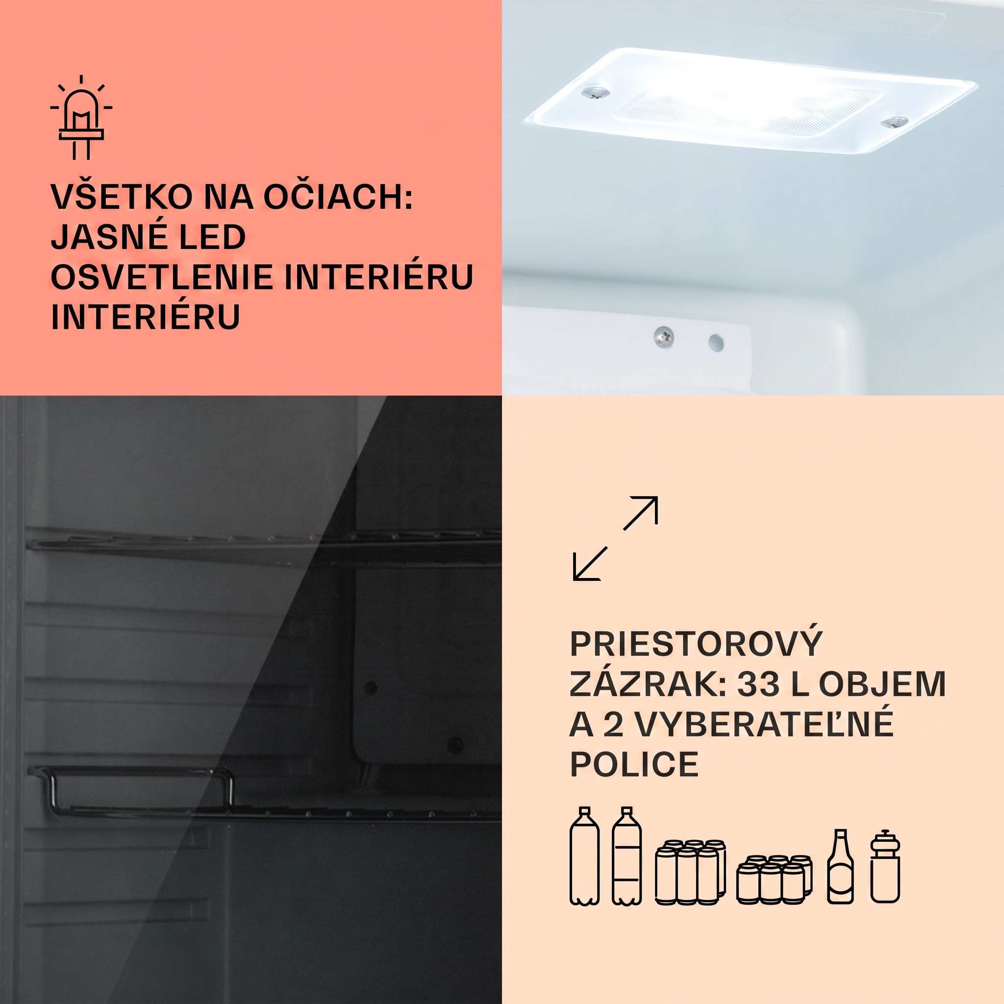 Klarstein Beersafe M Quartz, chladnička, 33 l, 2 police, sklenené panoramatické dvierka – Obrázok 3