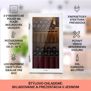Klarstein Beersafe XXL Quartz, chladnička, energet. trieda E, 3 kovové police, panoramatické sklenené dvierka