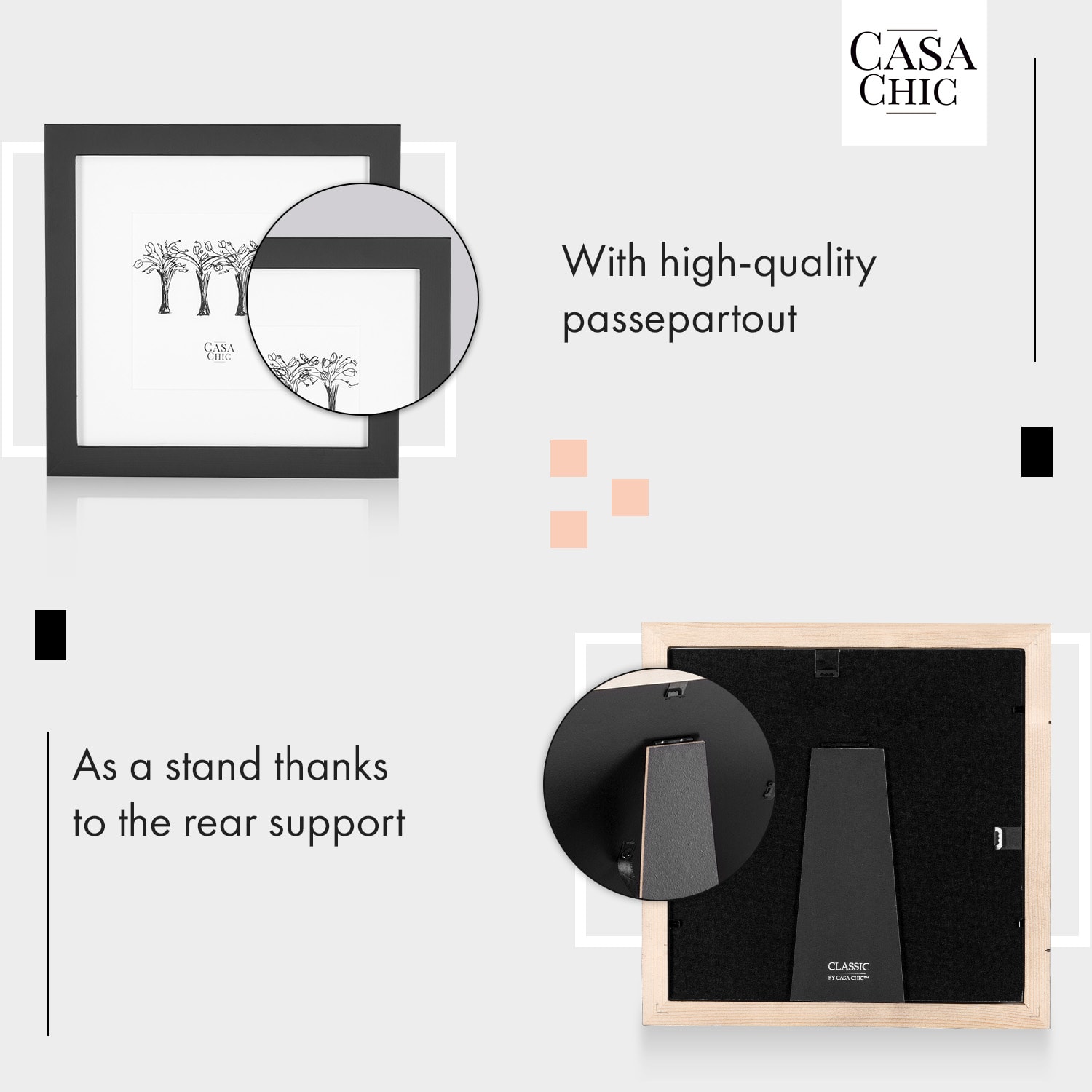 Casa Chic Cannon, rám na obrázky, štvorcový, fotky 20 x 20 cm, pasparta, pravé drevo – Obrázok 3
