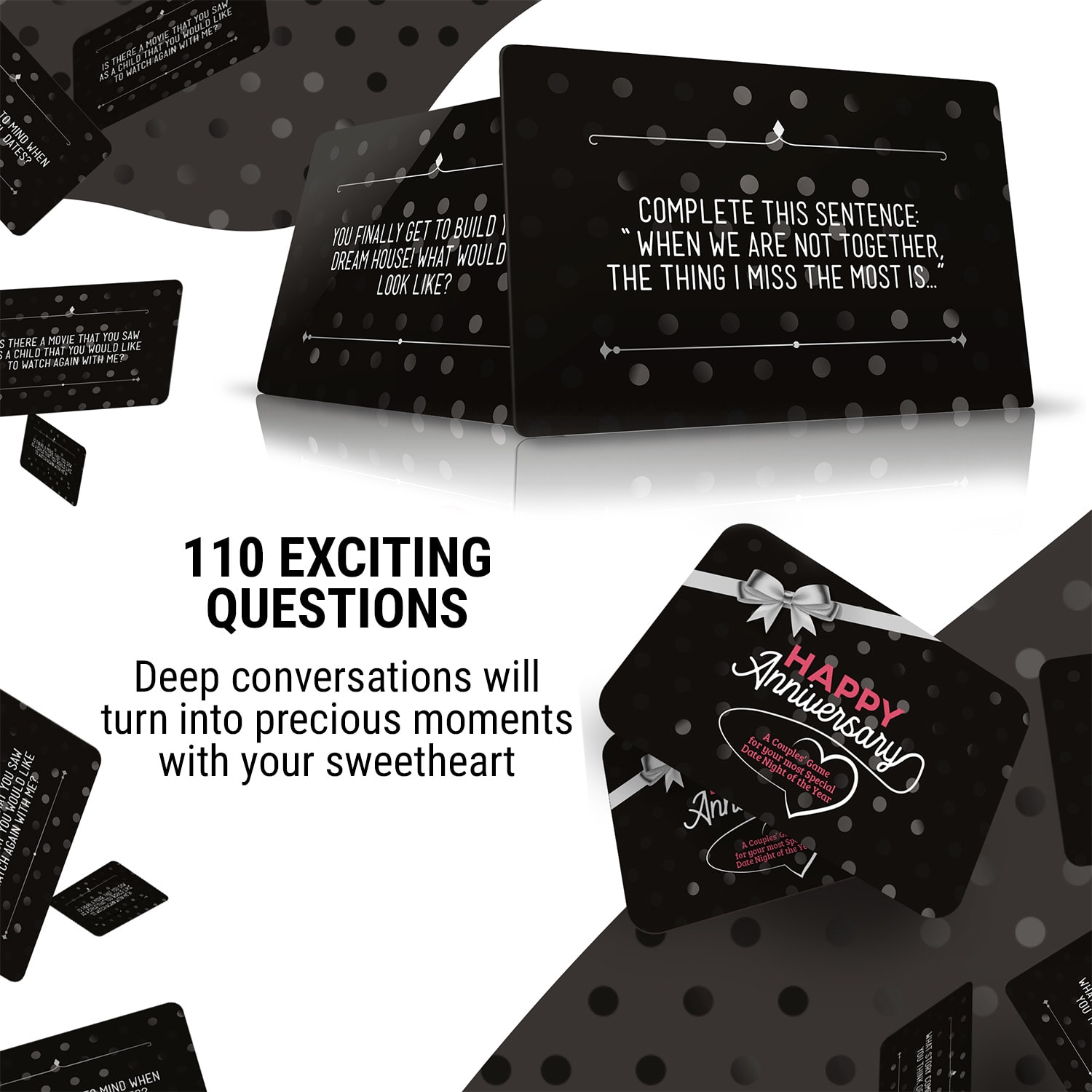 Spielehelden Happy Anniversary Black Edition, Kartová hra pre páry, 110 otázok, Darčeková krabička v anglickom jazyku – Obrázok 2