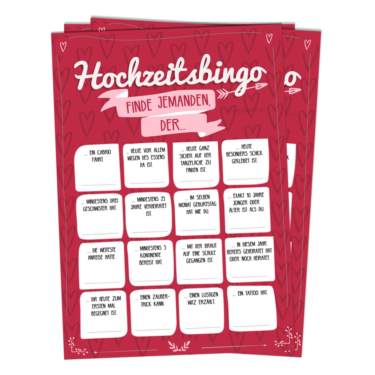 Spielehelden Svadobné bingo 16 otázok o vlastnostiach 50 ks. Dizajn srdcaDIN A5 – Obrázok 2