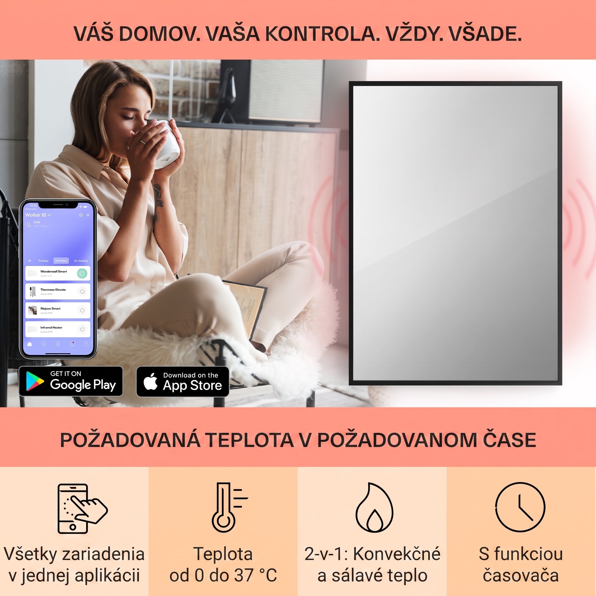 Klarstein La Palma 750 smart, infračervený ohrievač 2 v 1, 85 x 60 cm, 750W, zrkadlová predná časť – Obrázok 2