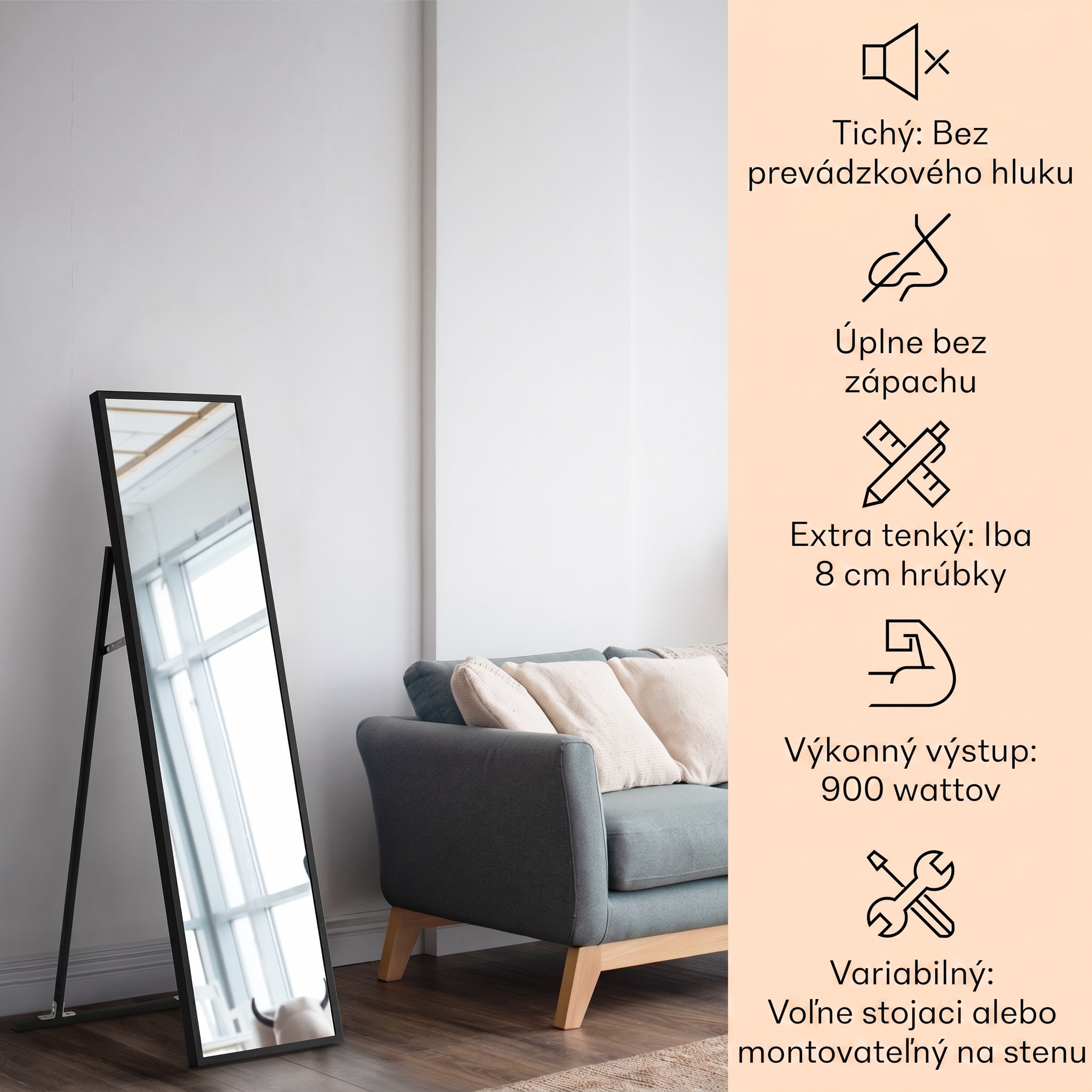 Klarstein La Palma 900 smart, infračervený ohrievač, 40 x 160 cm, 900 W, zrkadlový stojan