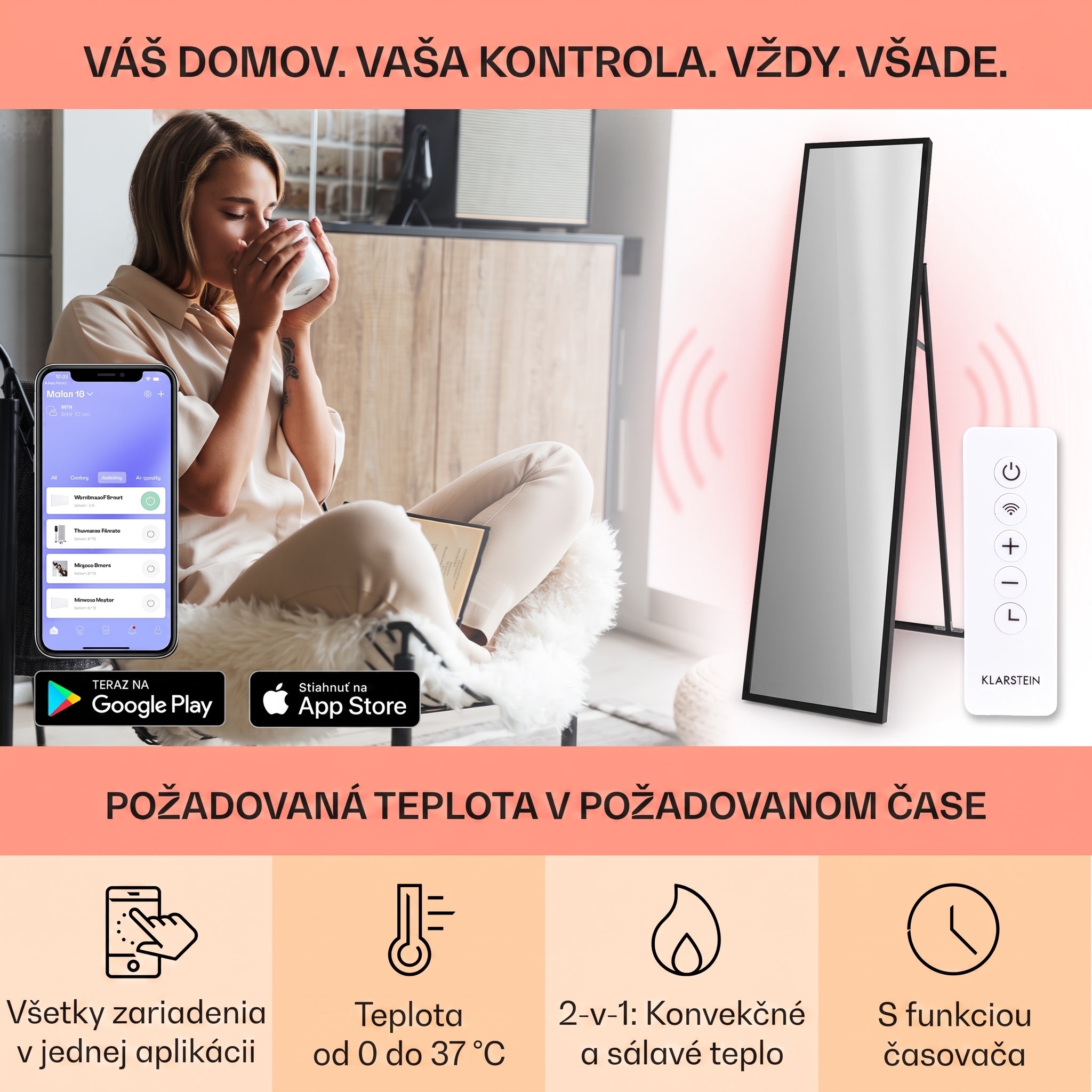 Klarstein La Palma 900 smart, infračervený ohrievač, 40 x 160 cm, 900 W, zrkadlový stojan – Obrázok 2