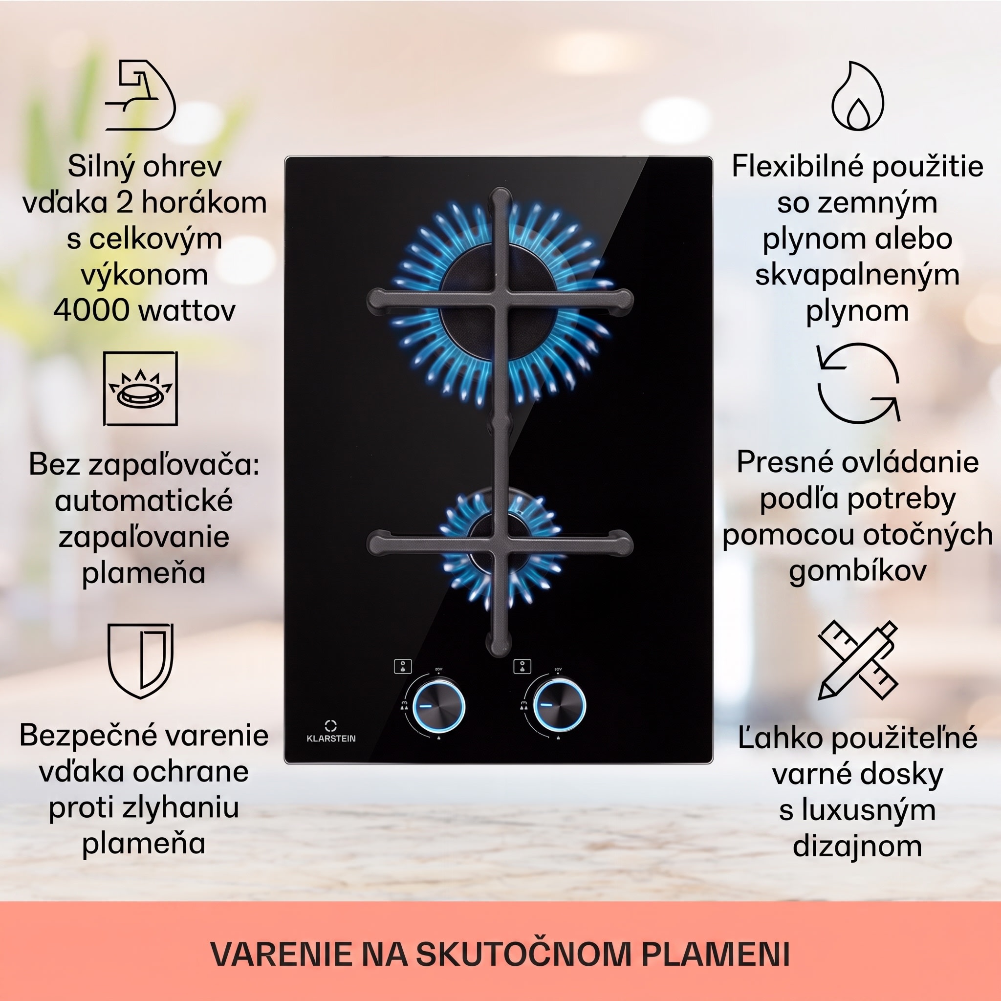 Klarstein Illuminosa Domino, plynová varná doska, 2 Sabaf horáky, sklokeramika