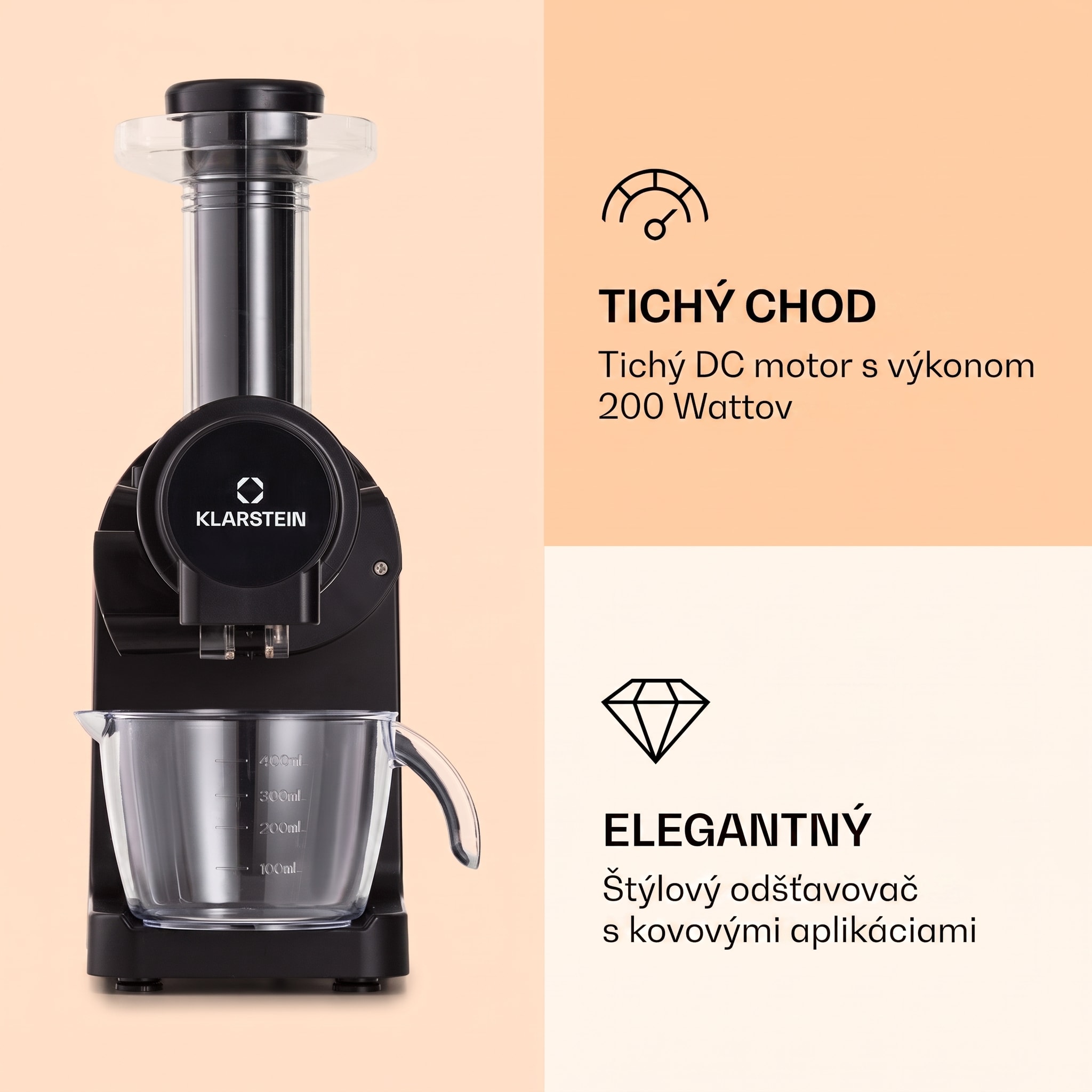 Klarstein Bella Elegance, odšťavovač, 200 W, 400 ml, bez BPA – Obrázok 2