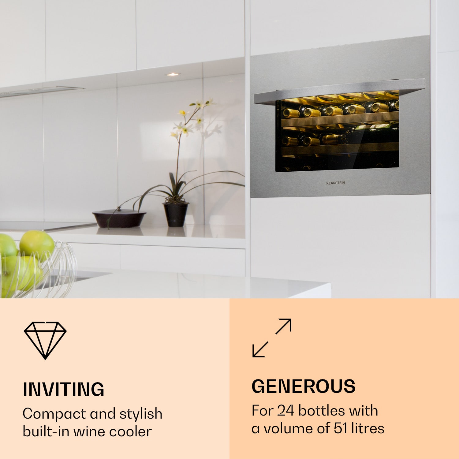 Klarstein Vinsider 24 Built-In Uno, vstavaná vinotéka, 24 fliaš, 1 zóna, nehrdzavejúca oceľ