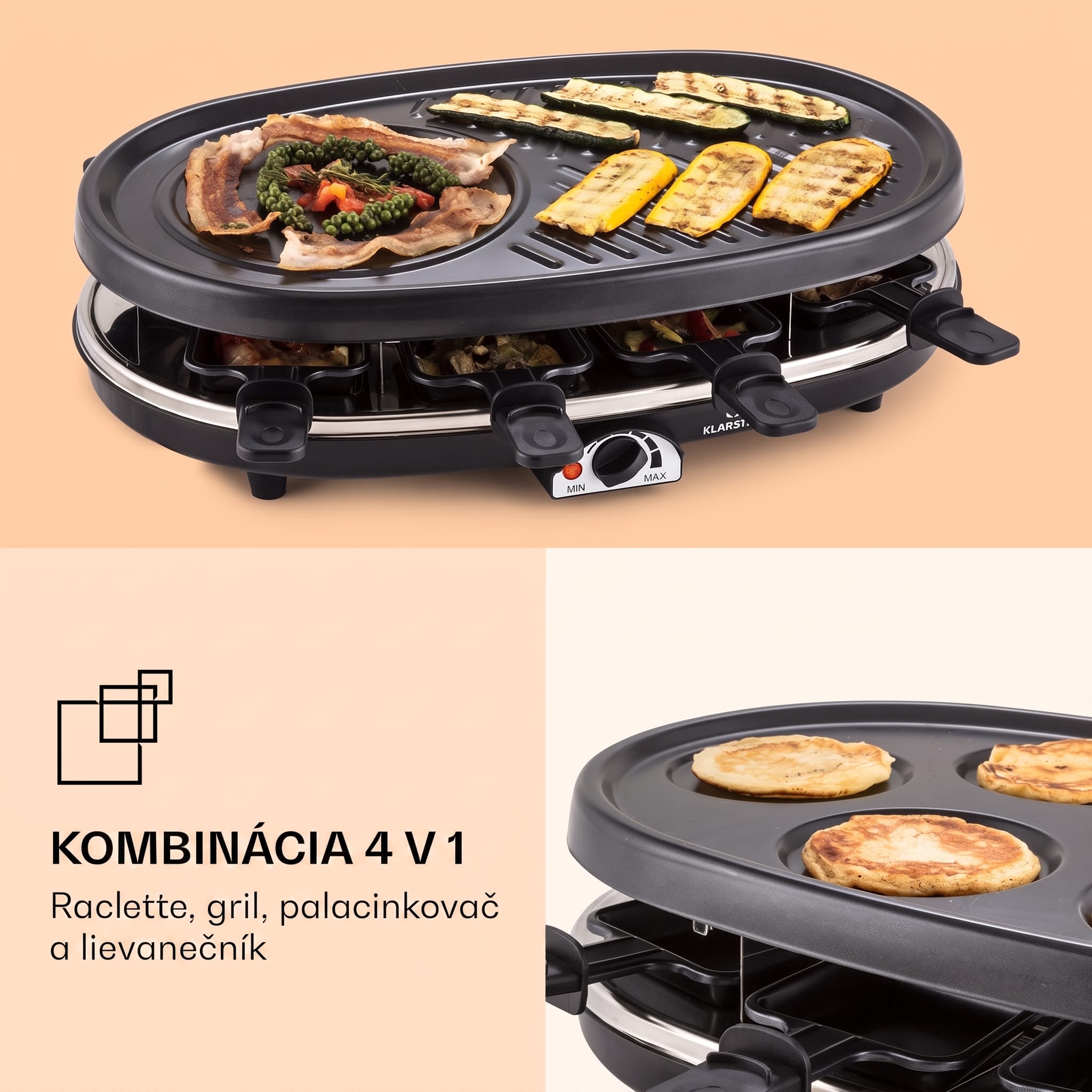 Klarstein All-U-Can Grill, raclette gril 4 v 1, 1500 W, pre 8 osôb, príslušenstvo – Obrázok 2