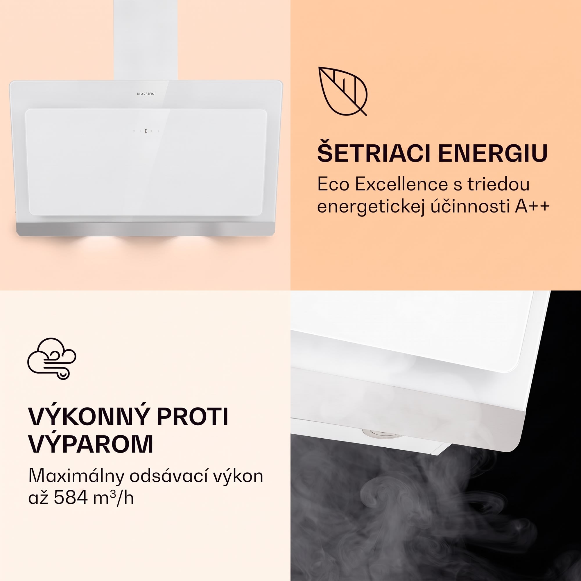 Klarstein Aurora Eco 60, digestor, 60 cm, nástenný, 584 m³/h, A+, dotykové ovládanie, biely – Obrázok 2