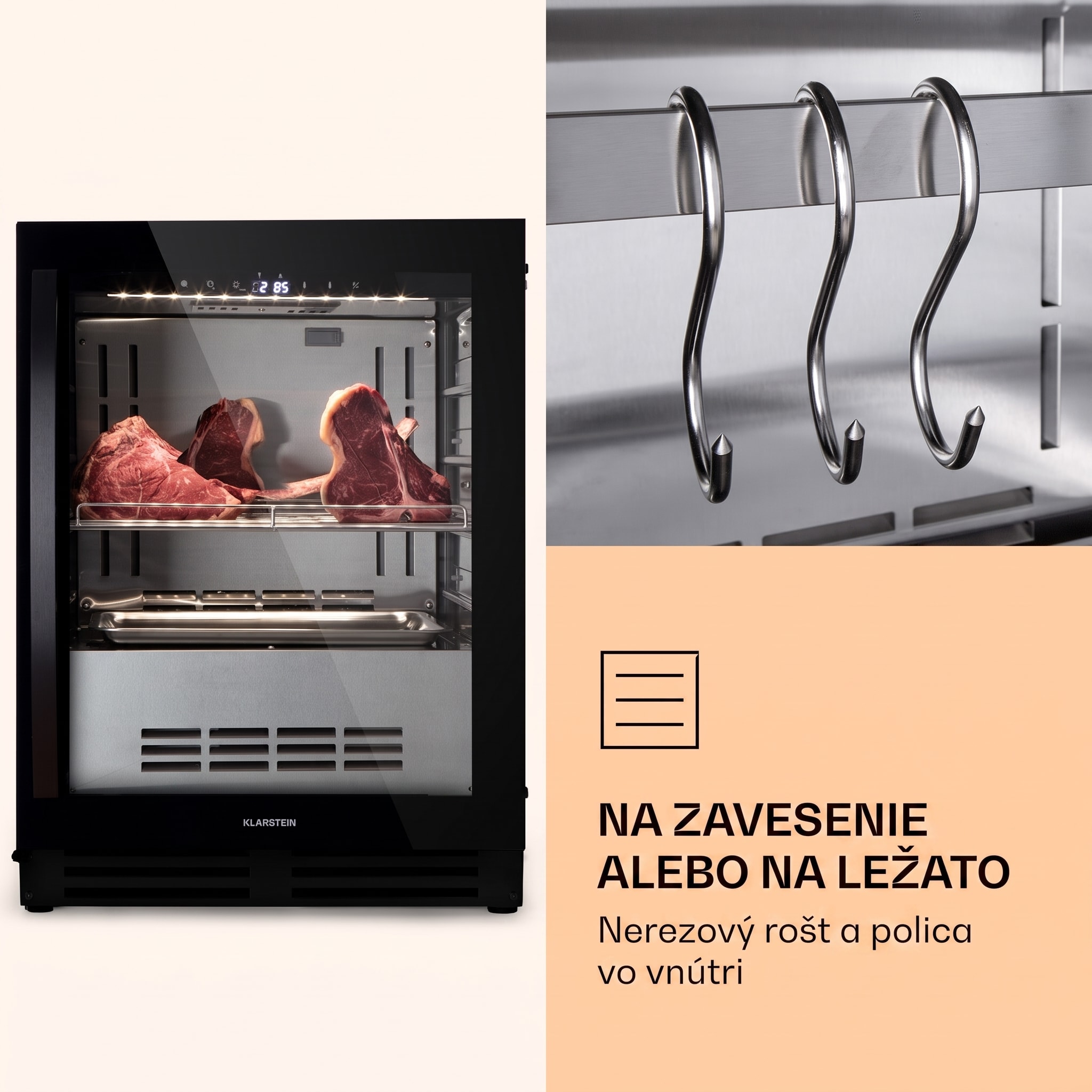 Klarstein Steakhouse Pro 98 Onyx, chladnička na zrenie mäsa, 1 zóna, 98 l, 1-25°C, dotykový displej, panoramatické okno – Obrázok 4