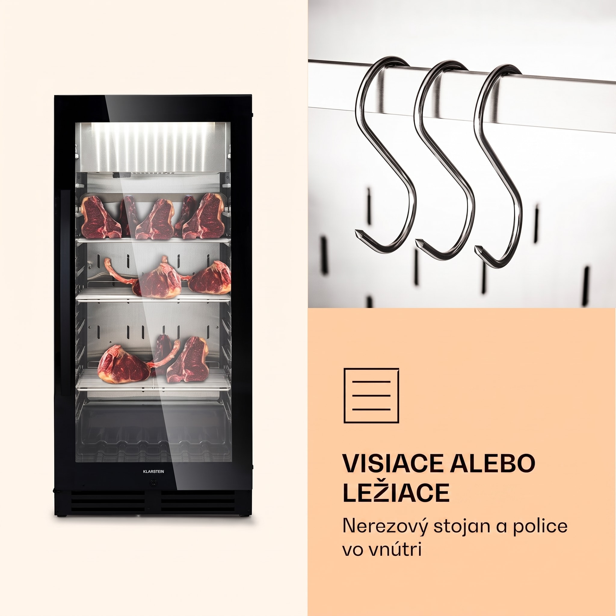 Klarstein Steakhouse Pro 233 Onyx, chladnička na zrenie mäsa, 1 zóna, 233 l, 1-25°C, dotykový displej, panoramatické okno – Obrázok 4