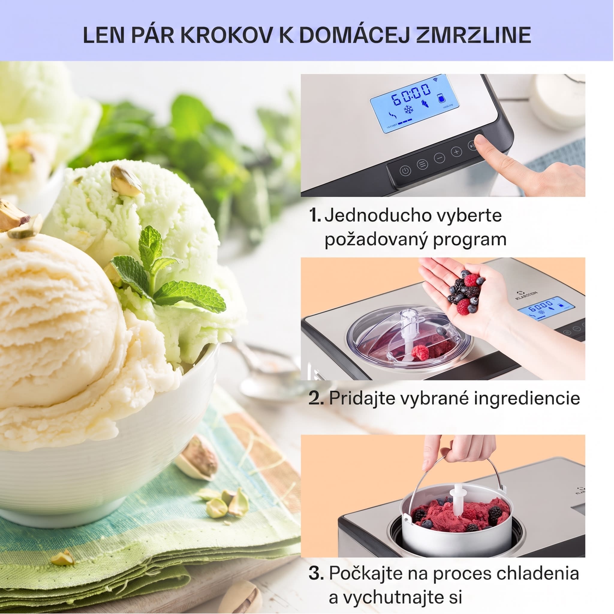 Klarstein Dolce Bacio Smart, zmrzlinovač a jogurtovač, kompresor, 2 l, Wi-Fi, dotykový displej, nehrdzavejúca oceľ – Obrázok 3