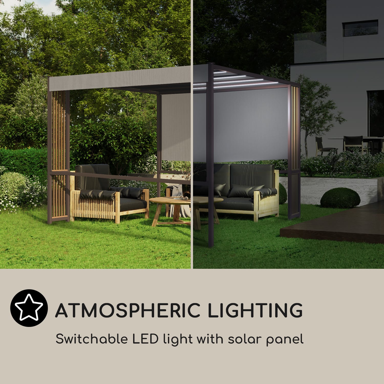 Blumfeldt Valence, altánok, 3 x 3 m, UV50+, vodoodpudivý, solárne LED osvetlenie, solárny panel – Obrázok 3