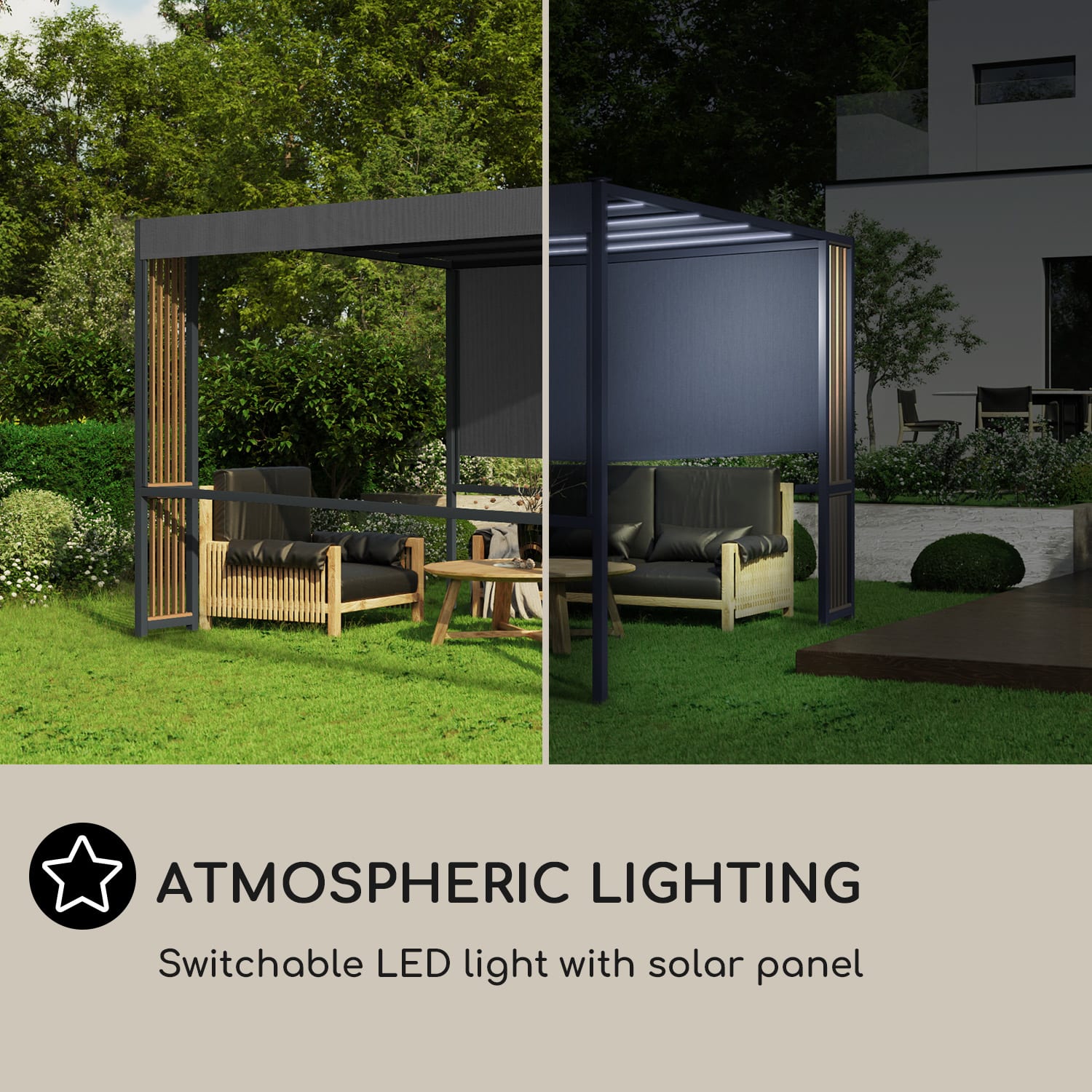 Blumfeldt Valence, altánok, 3 x 3 m, UV50+, vodoodpudivý, solárne LED osvetlenie, solárny panel – Obrázok 3