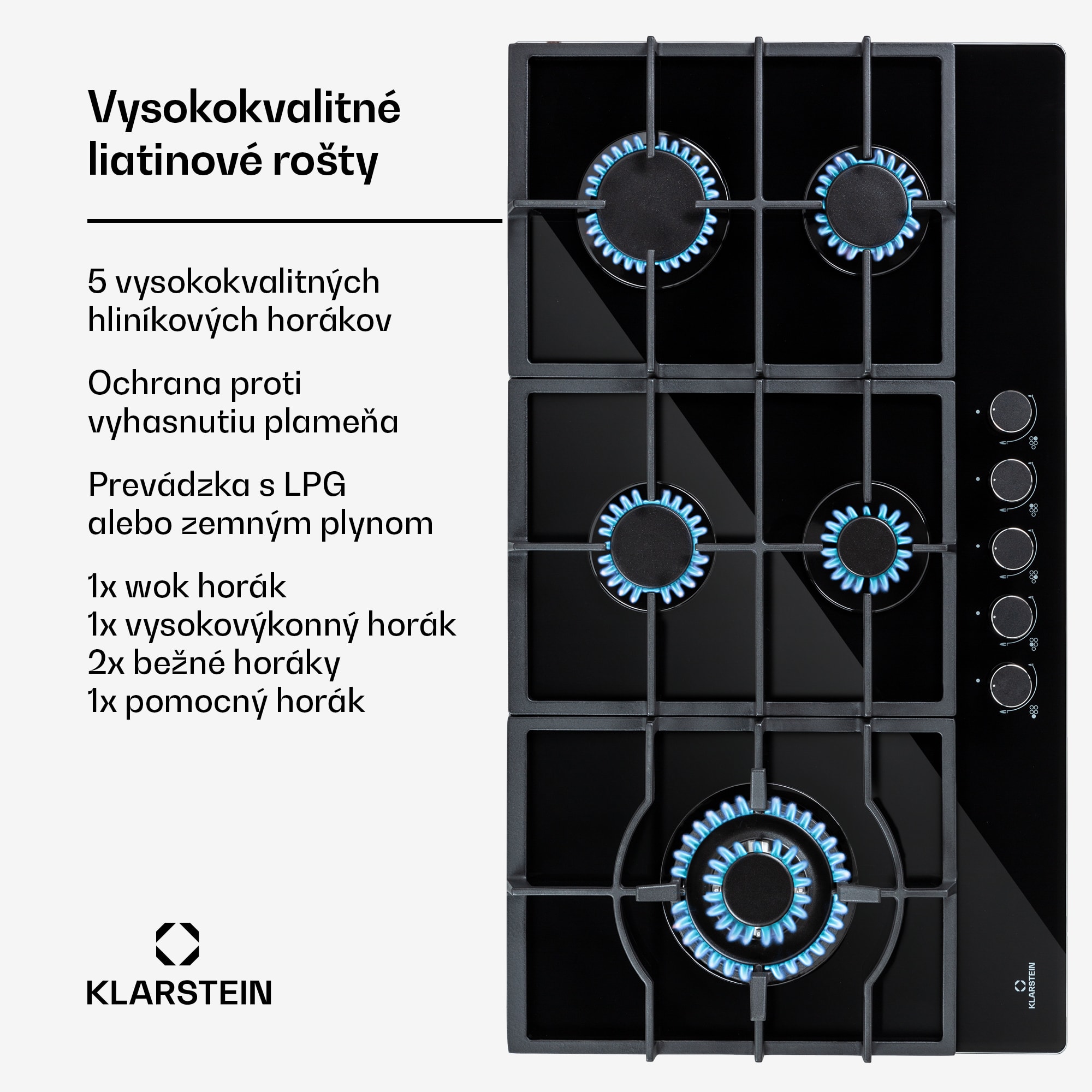 Klarstein Ignito Chef Edition, plynová varná doska, 5 Sabaf horákov, 5 zón, sklokeramika – Obrázok 2