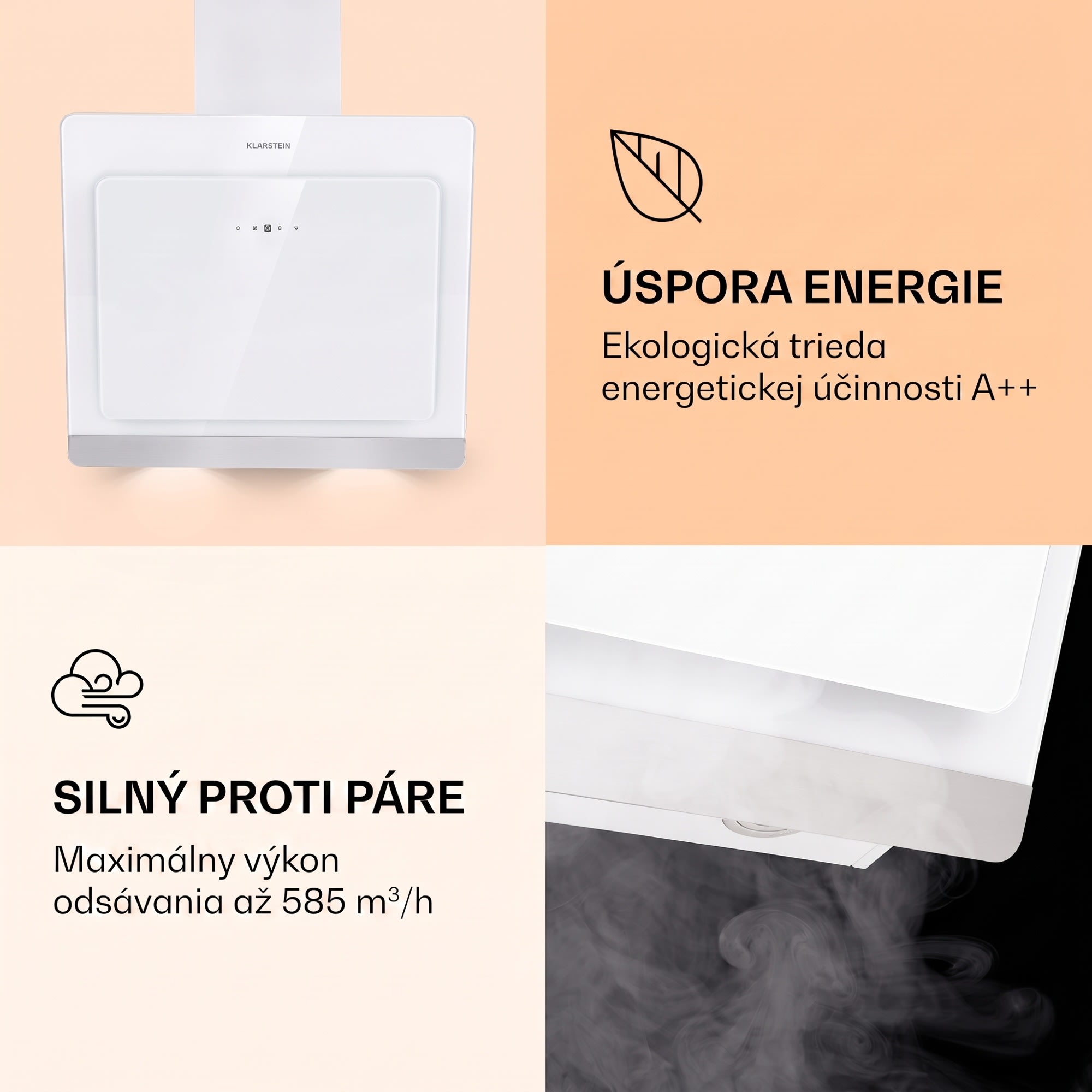 Klarstein Aurora 60 Smart, digestor, 60 cm, komínový, 585 m³/h, LED podsvietenie, A++, biely – Obrázok 3