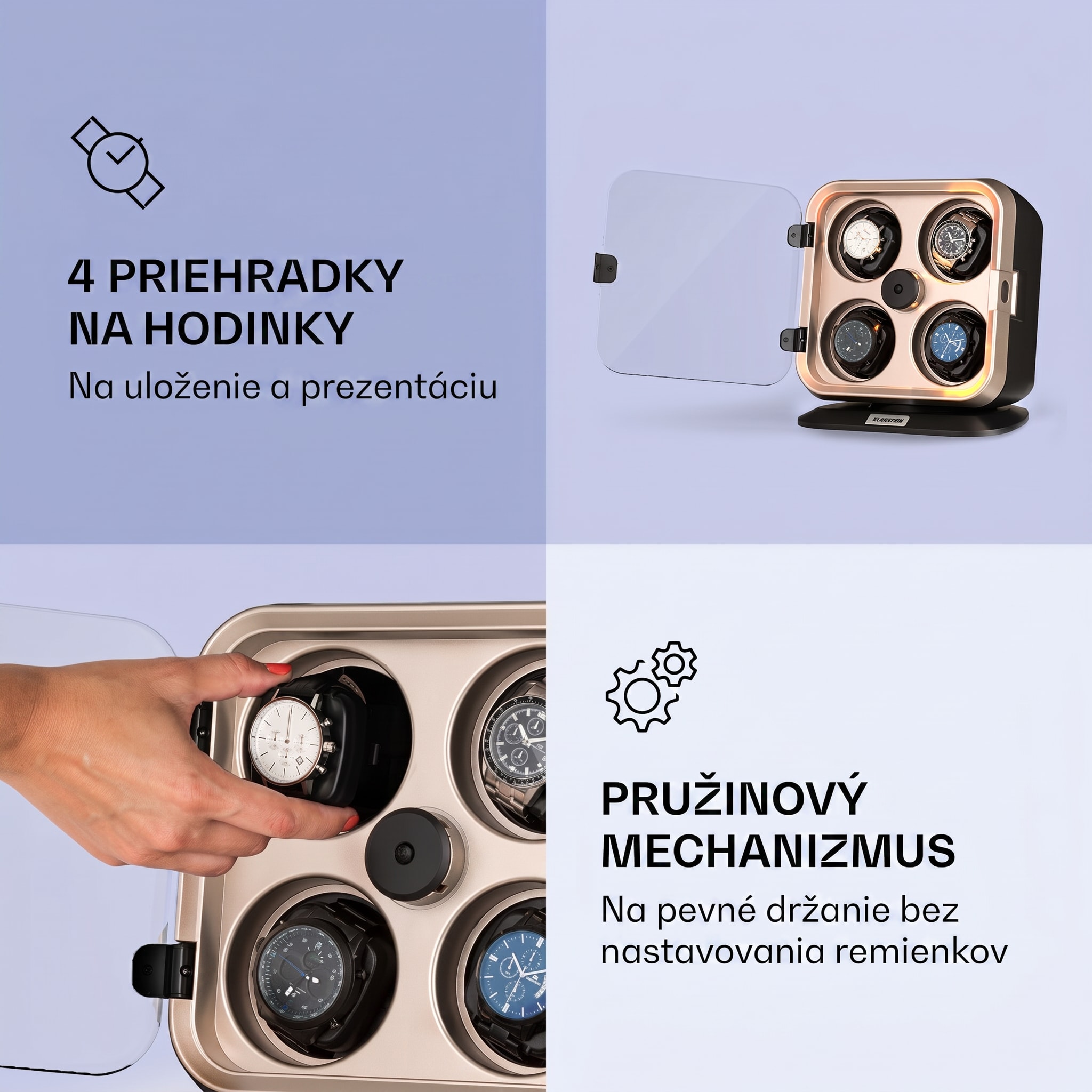 Klarstein Clover, naťahovač na hodinky, 4 hodiniek, 3 otáčania, 4 rýchlosti, modré LED osvetlenie, plastový kryt – Obrázok 2