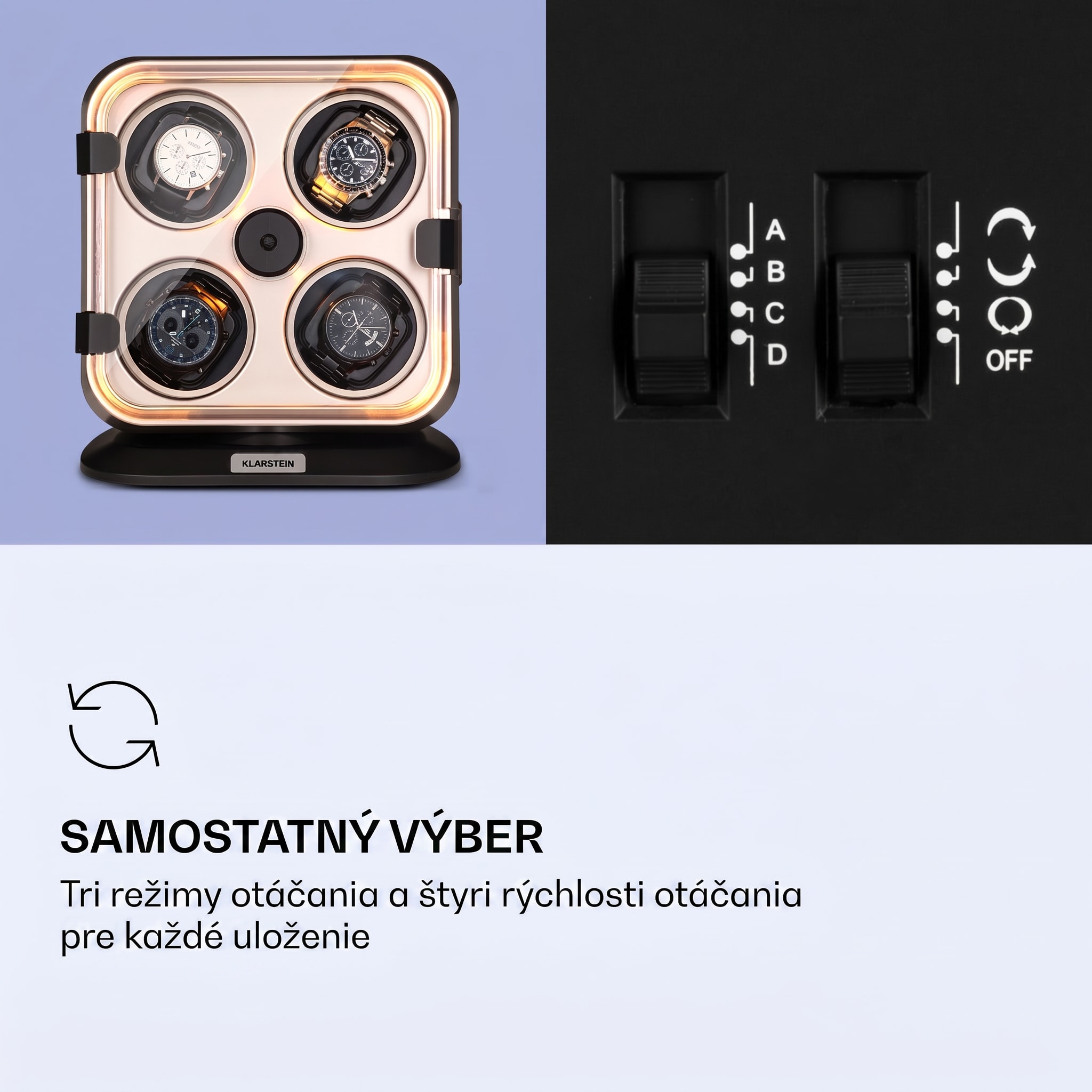 Klarstein Clover, naťahovač na hodinky, 4 hodiniek, 3 otáčania, 4 rýchlosti, modré LED osvetlenie, plastový kryt – Obrázok 3