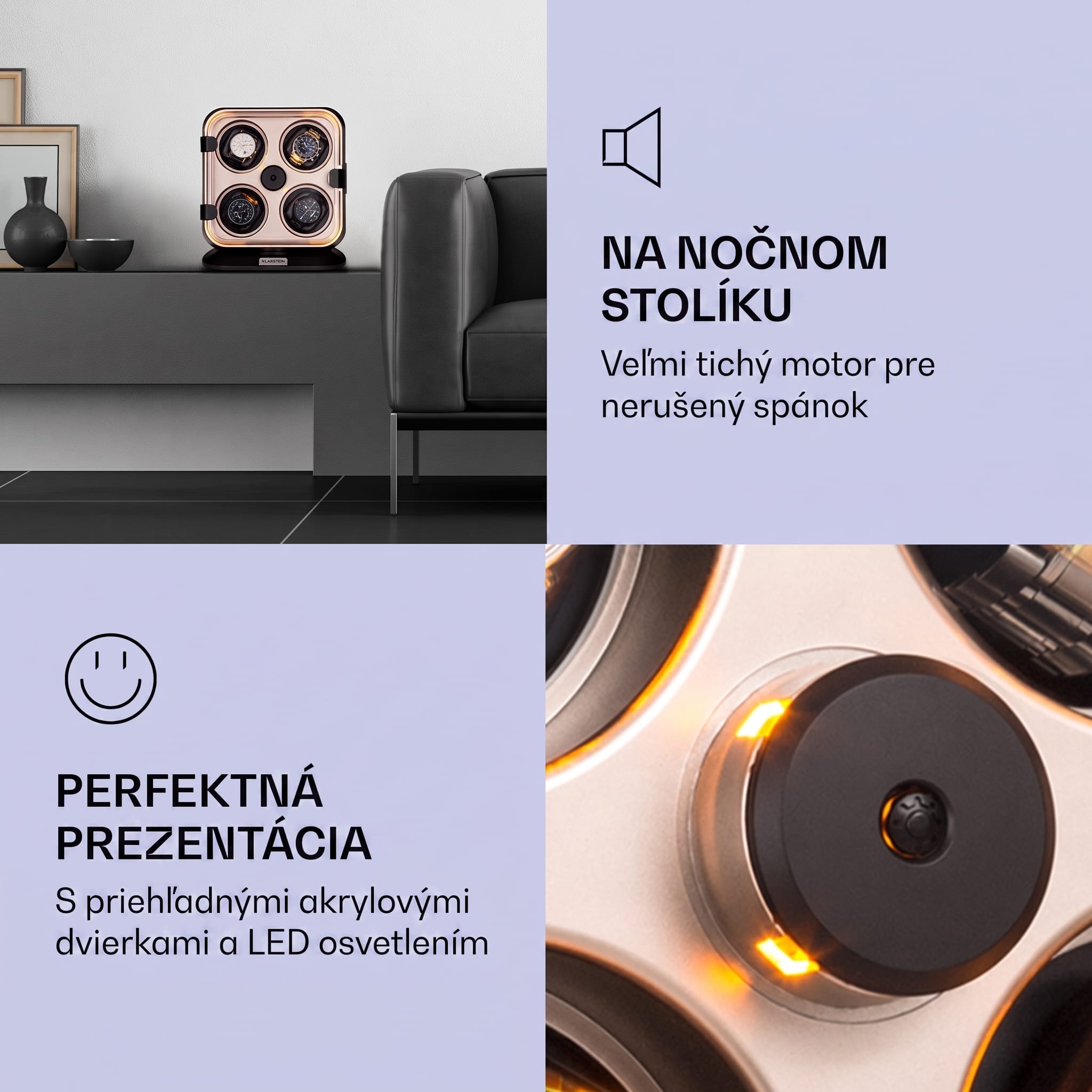 Klarstein Clover, naťahovač na hodinky, 4 hodiniek, 3 otáčania, 4 rýchlosti, modré LED osvetlenie, plastový kryt – Obrázok 4