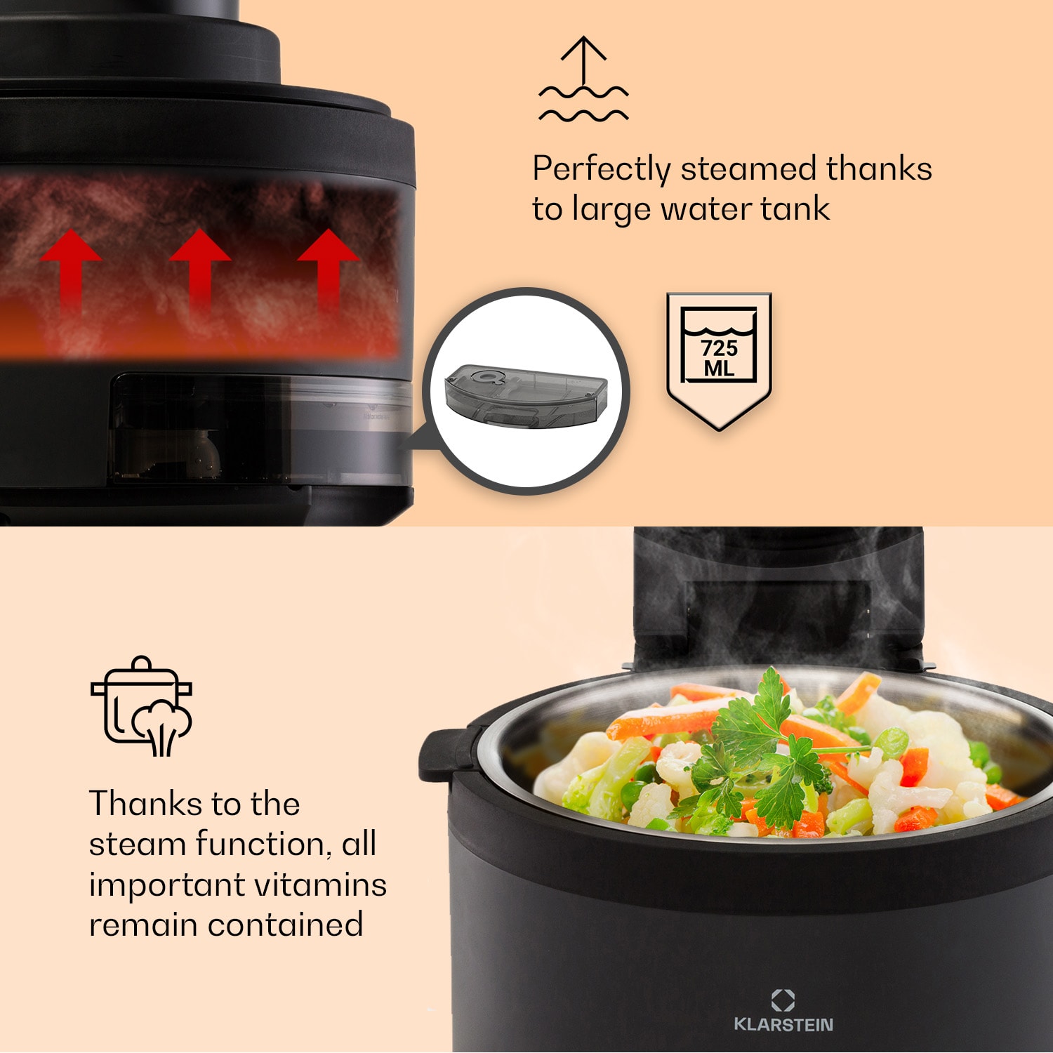 Klarstein Vendure, teplovzdušná fritéza s parnou funkciou, 1250 W, 5 l, 6 programov