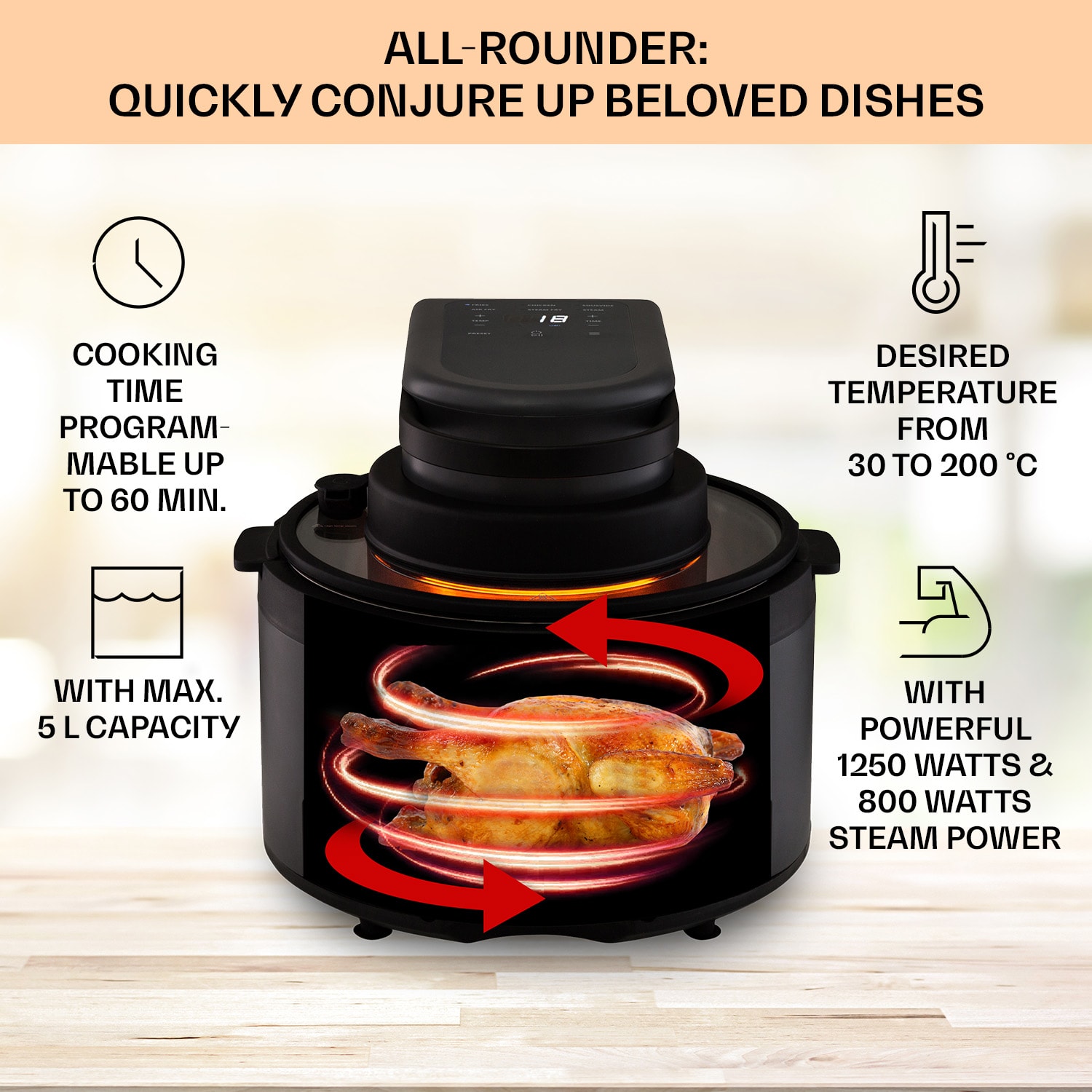 Klarstein Vendure, teplovzdušná fritéza s parnou funkciou, 1250 W, 5 l, 6 programov – Obrázok 2