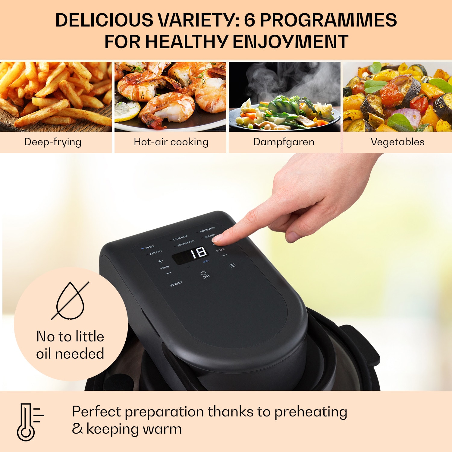 Klarstein Vendure, teplovzdušná fritéza s parnou funkciou, 1250 W, 5 l, 6 programov – Obrázok 3