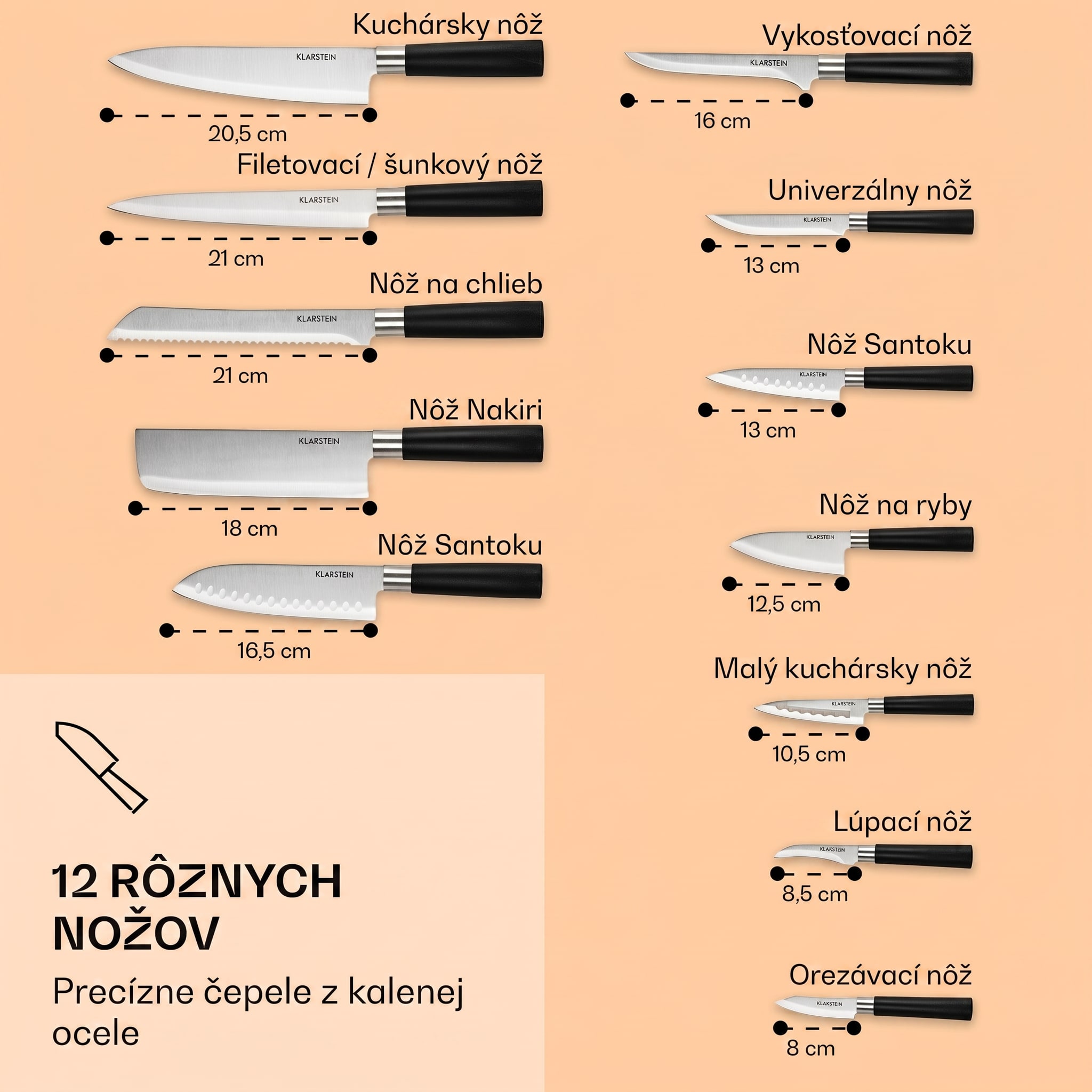 Klarstein Kitano XL, sada nožov s blokom, 13-dielna, 12 nožov, oceľ, luxusný drevený blok – Obrázok 2