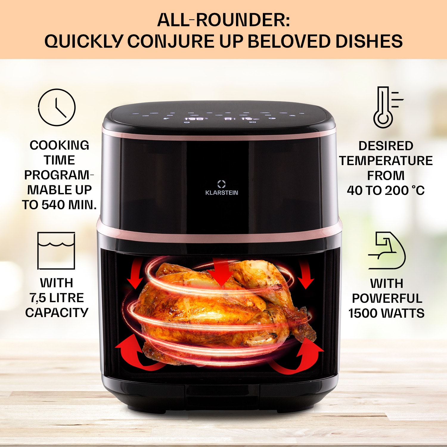 Klarstein Air Bloom, teplovzdušná fritéza, 1500 W, 7,5 l, 16 programov, s funkciou naparovania – Obrázok 2