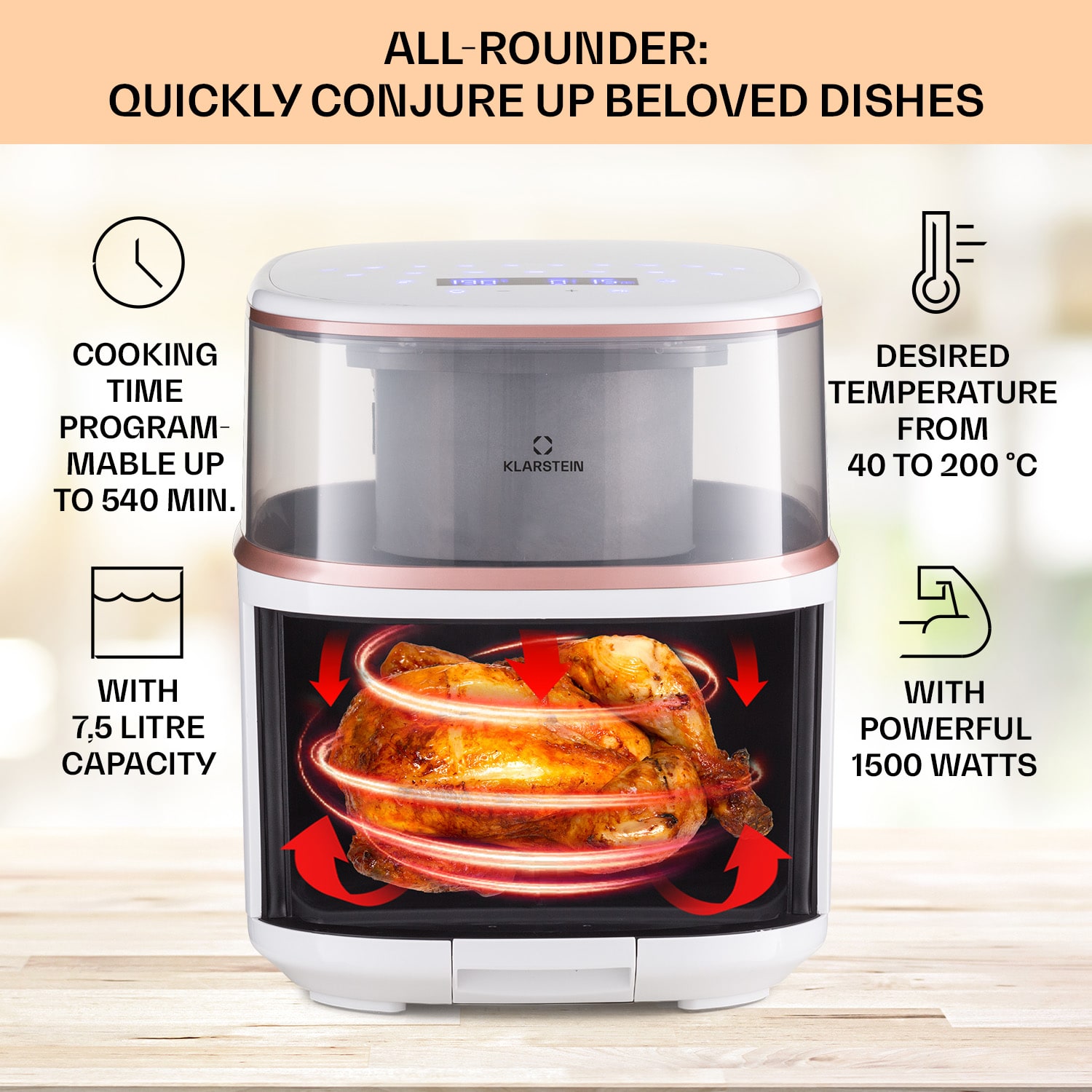 Klarstein Air Bloom, teplovzdušná fritéza, 1500 W, 7,5 l, 16 programov, s funkciou naparovania – Obrázok 2