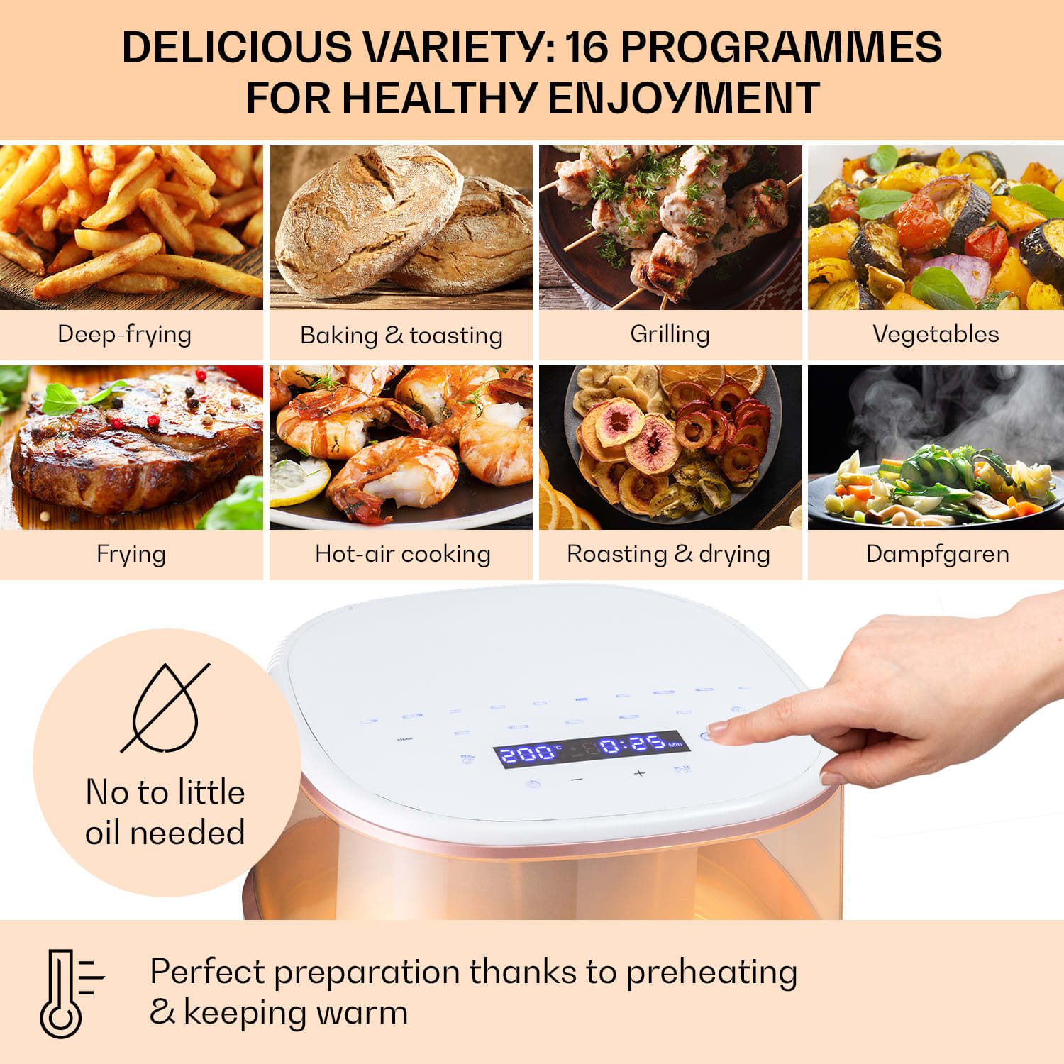 Klarstein Air Bloom, teplovzdušná fritéza, 1500 W, 7,5 l, 16 programov, s funkciou naparovania – Obrázok 3