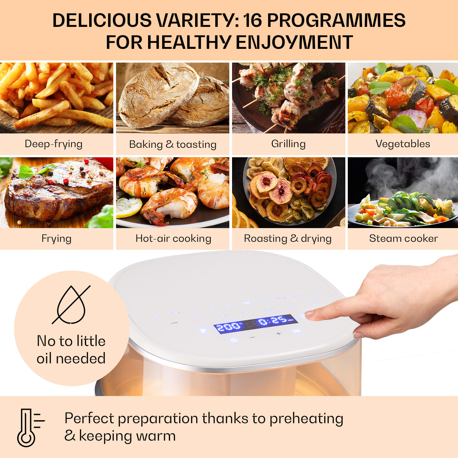 Klarstein Air Bloom, teplovzdušná fritéza, 1500 W, 7,5 l, 16 programov, s funkciou naparovania – Obrázok 3