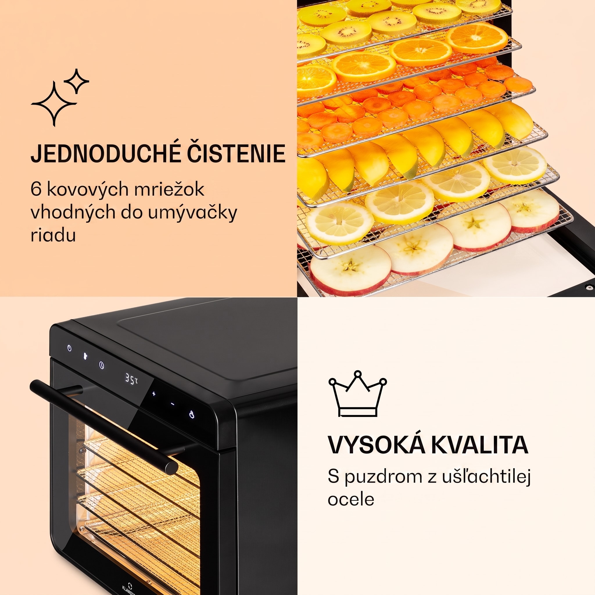 Klarstein Shaftesbury, automatická sušička potravín, 700 W, 35-85°C, časovač, digitálny dotykový displej – Obrázok 4