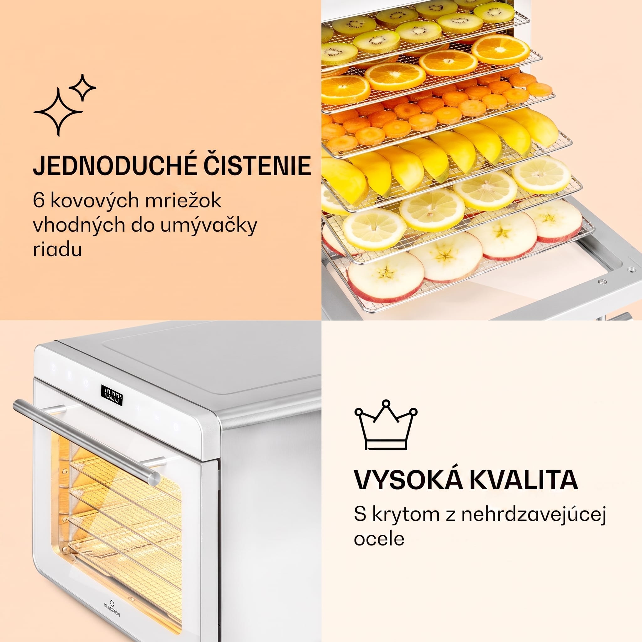 Klarstein Shaftesbury, automatická sušička potravín, 700 W, 35-85°C, časovač, digitálny dotykový displej – Obrázok 4