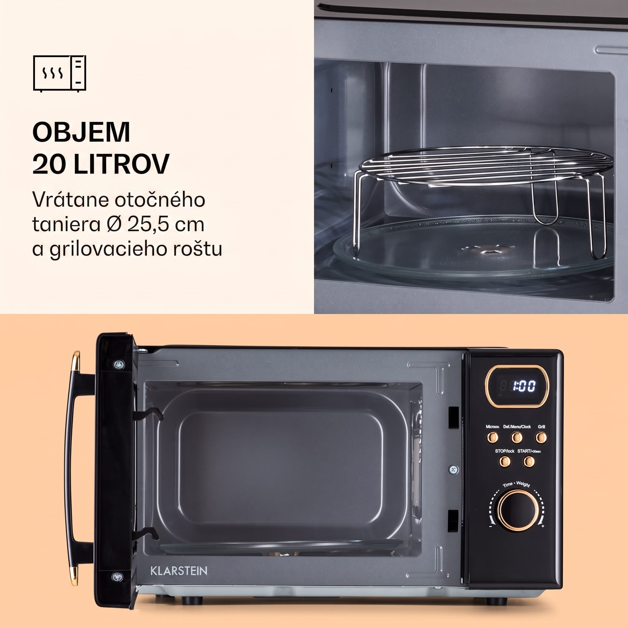 Klarstein Julieta, mikrovlnná rúra s grilom, 20 l, 700/800 W, Ø 25,5 cm, 8 programov – Obrázok 3