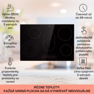 Klarstein Virtuosa Roast, vstavaná varná doska, 5 zón, 8500W, sklokeramika